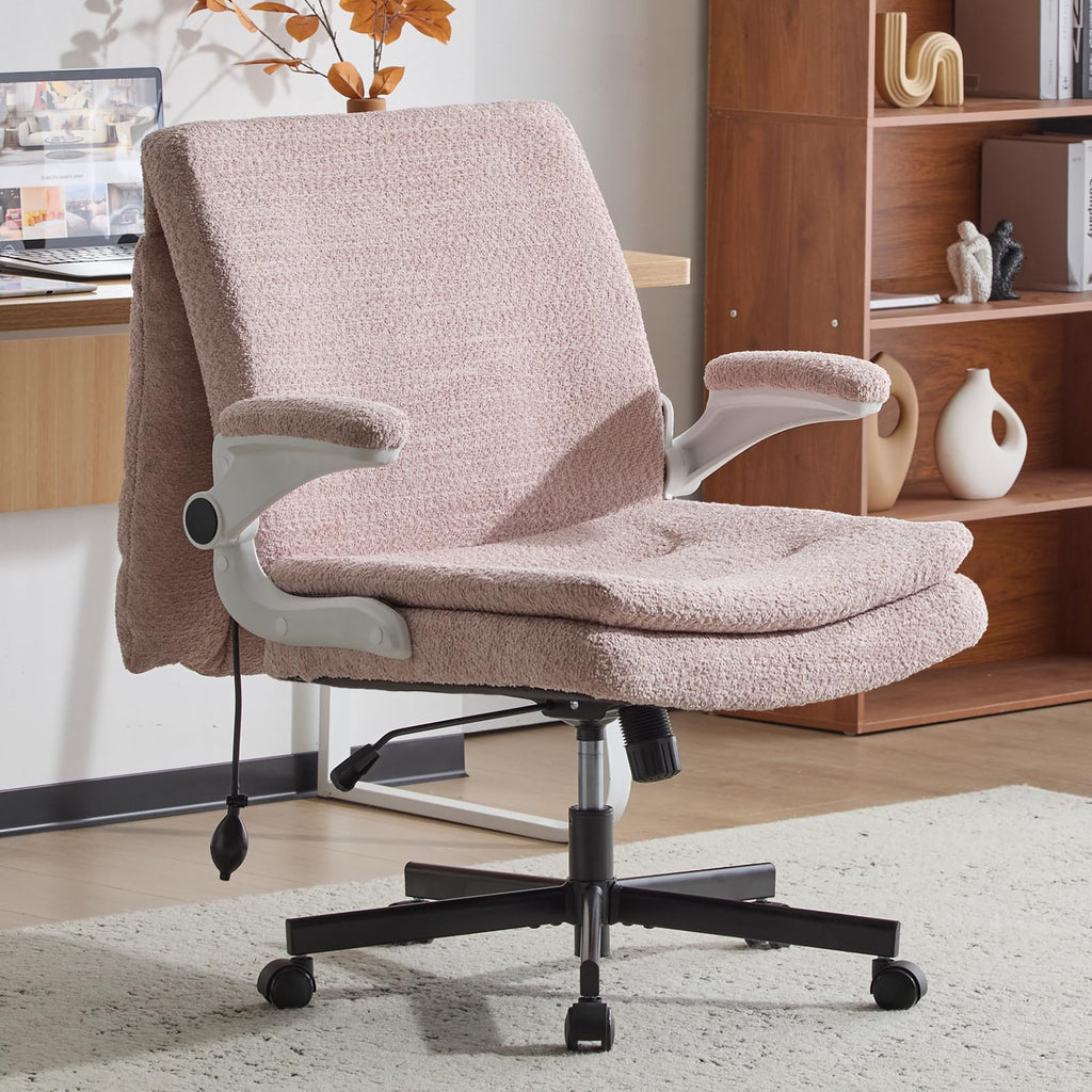 Criss Cross Office Chair with 2 in 1 Inflatable Flip-up Back, Ergonomic Wide Seat Desk Chair with Adjustable Arms and Wheels, Cross Legged Office Chair for Home & Office, Pink