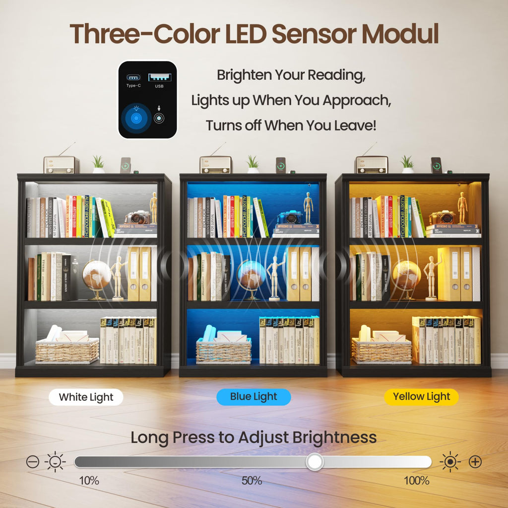 Modular LED Bookshelf with 3 Tiers, Motion Sensor and USB Charging - Black