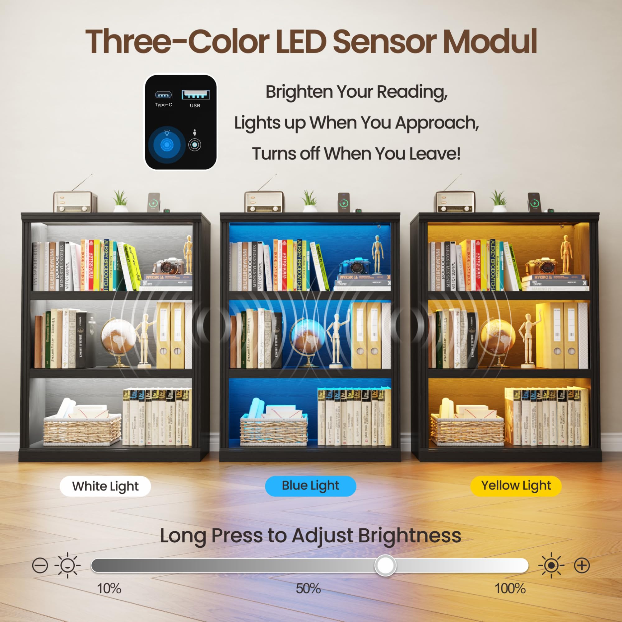 Modular LED Bookshelf with 3 Tiers, Motion Sensor and USB Charging - Black