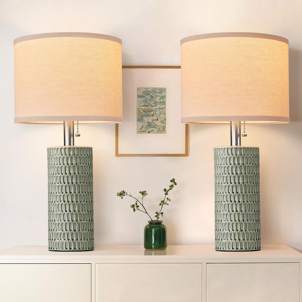 20.5" Modern Ceramic Table Lamps for Bedroom Set of 2, Bedside Lamps for Night Stands with Beige Lampshade, Farmhouse Table Lamp for Living Room Office Dorm, Light Green
