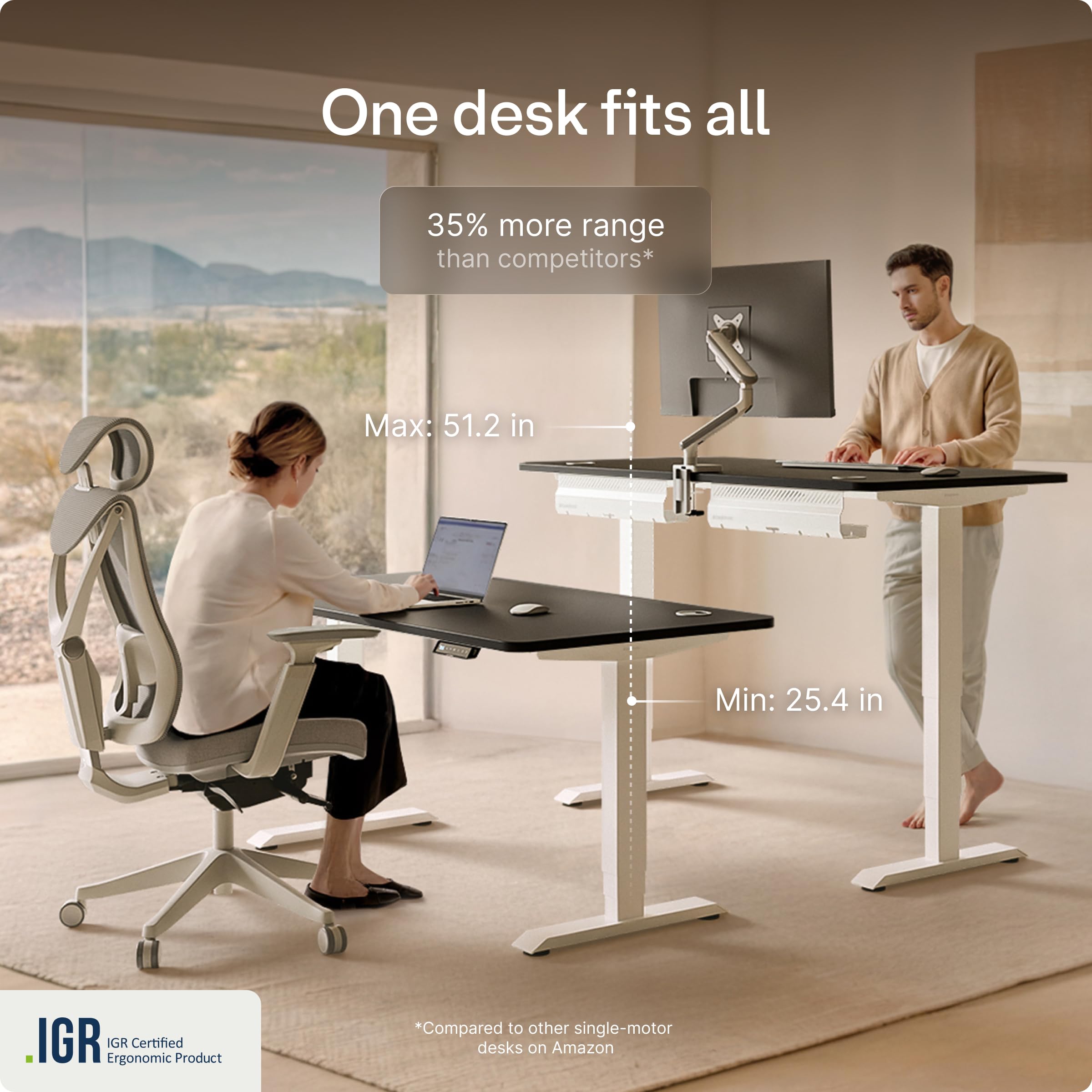 Standing Desk 48x24 — Made in Europe, Ergonomic Sit Stand Home Office Desk, Electric Height Adjustable, Dual Motor, USB & USB-C Charging, Wobble-Free, Touchscreen, 3 Memory Presets