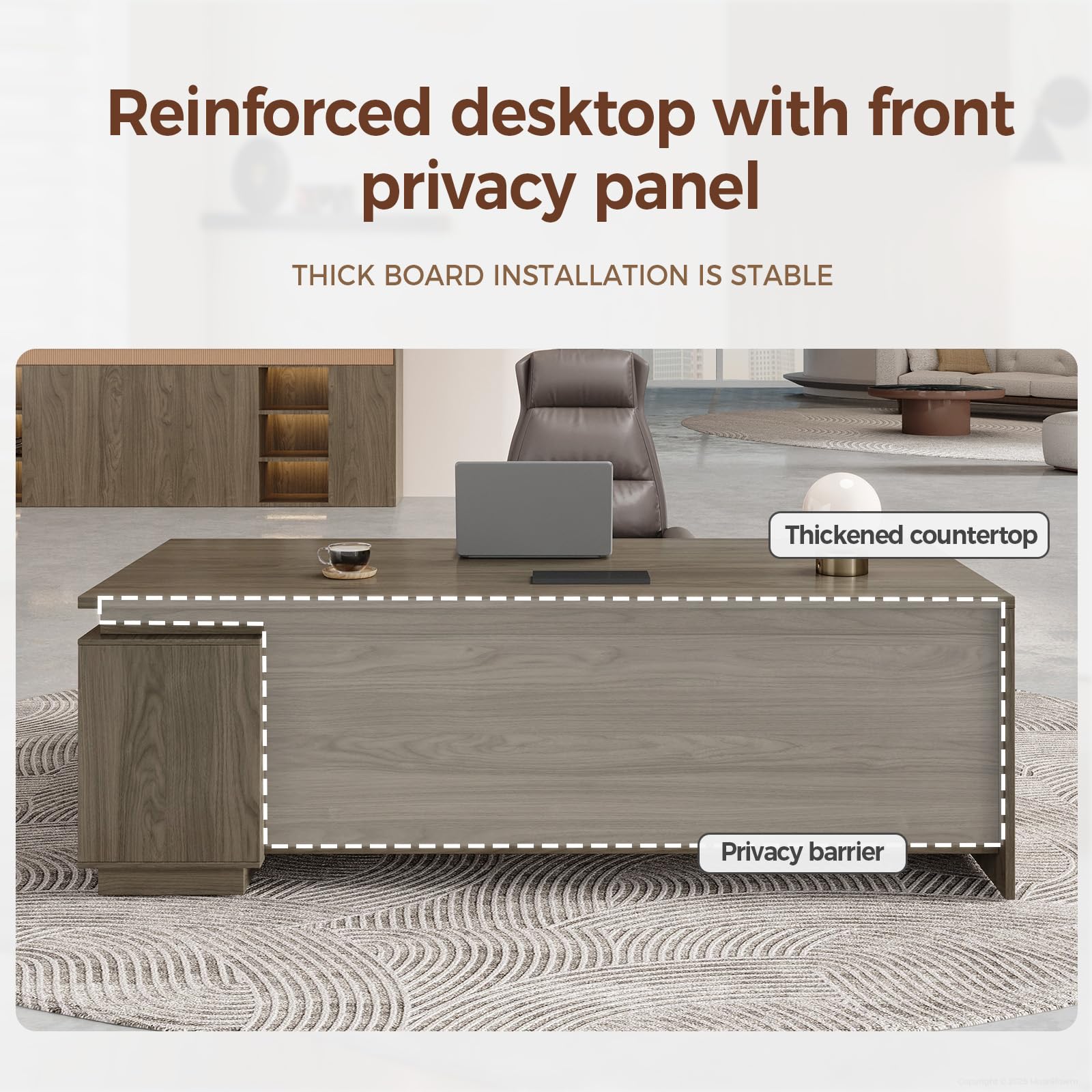 63" L-Shaped Executive Desk with Reversible Return, Compact Office Desk with Locking Drawers, Open Storage Cabinet, Cable Management Box, Front Privacy Panel, Walnut