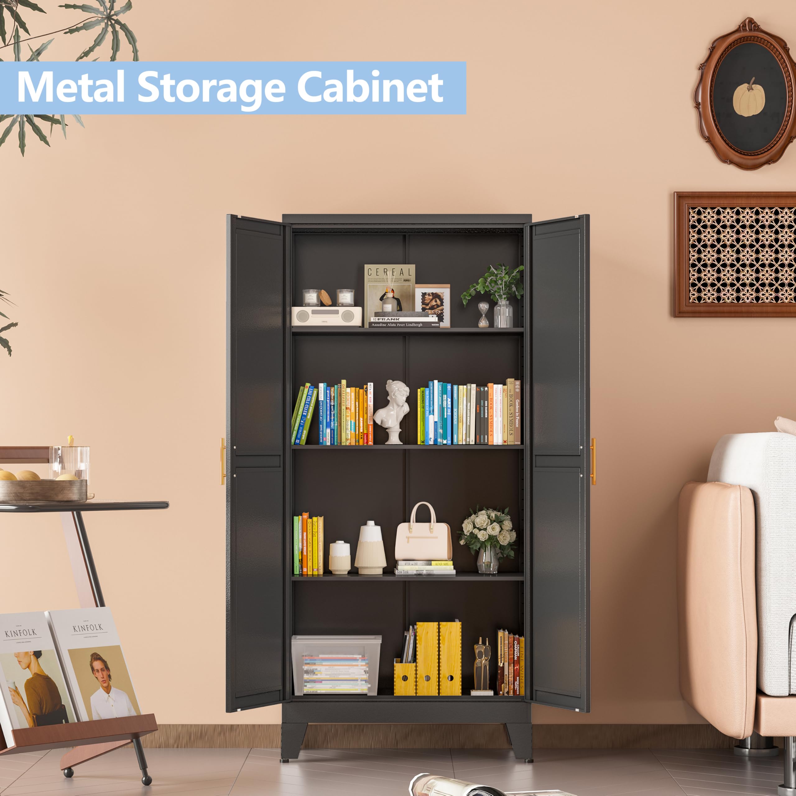 Black Pantry Cabinets, 48" Metal Storage Cabinet for Office