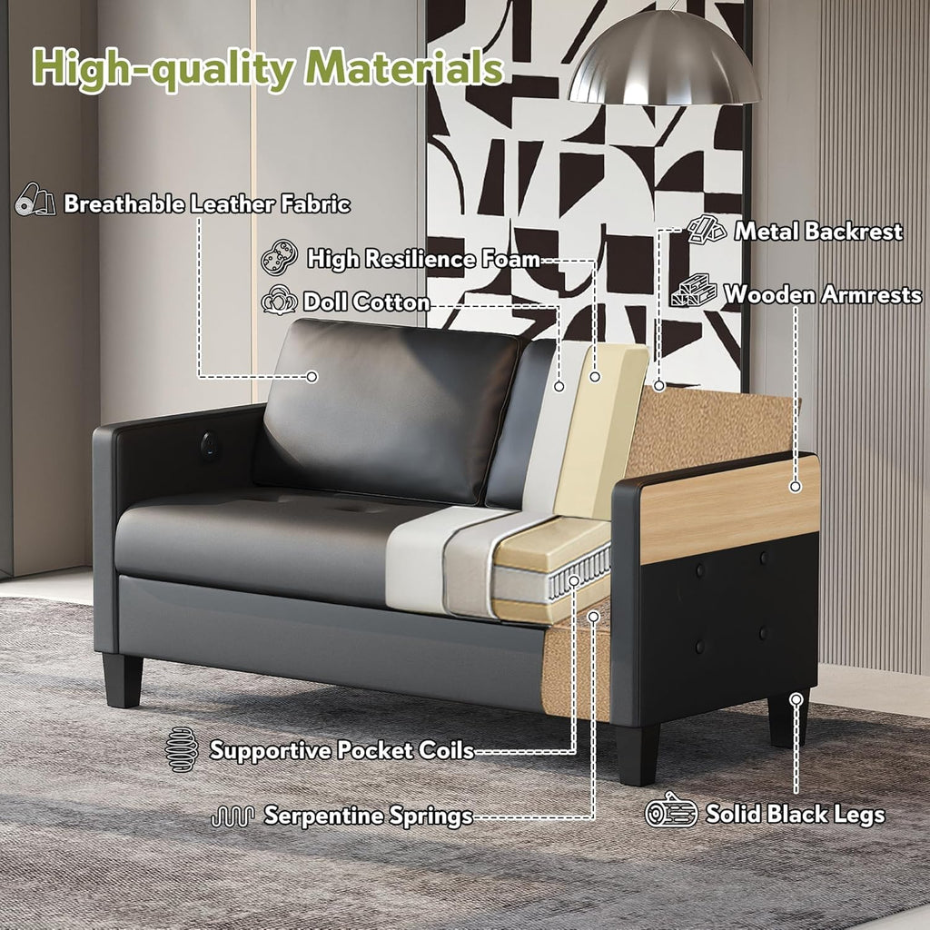 59” Black Faux Leather Sofa Couch, Modern Comfy Office 2 Seater Couch Loveseat with USB & Tufted Armrest, Small Love Seat Couches for Living Room, Bedroom, Apartment