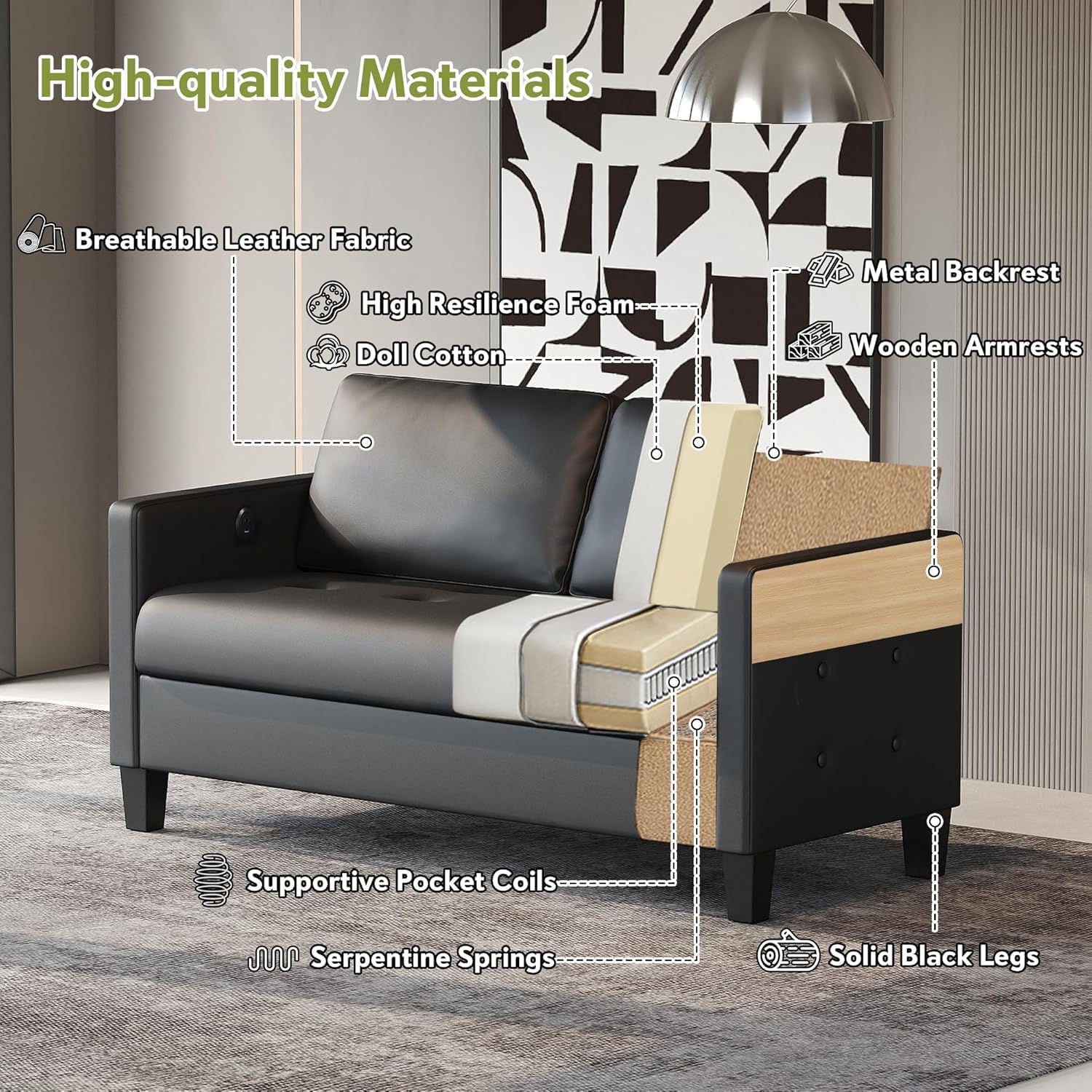 59” Black Faux Leather Sofa Couch, Modern Comfy Office 2 Seater Couch Loveseat with USB & Tufted Armrest, Small Love Seat Couches for Living Room, Bedroom, Apartment