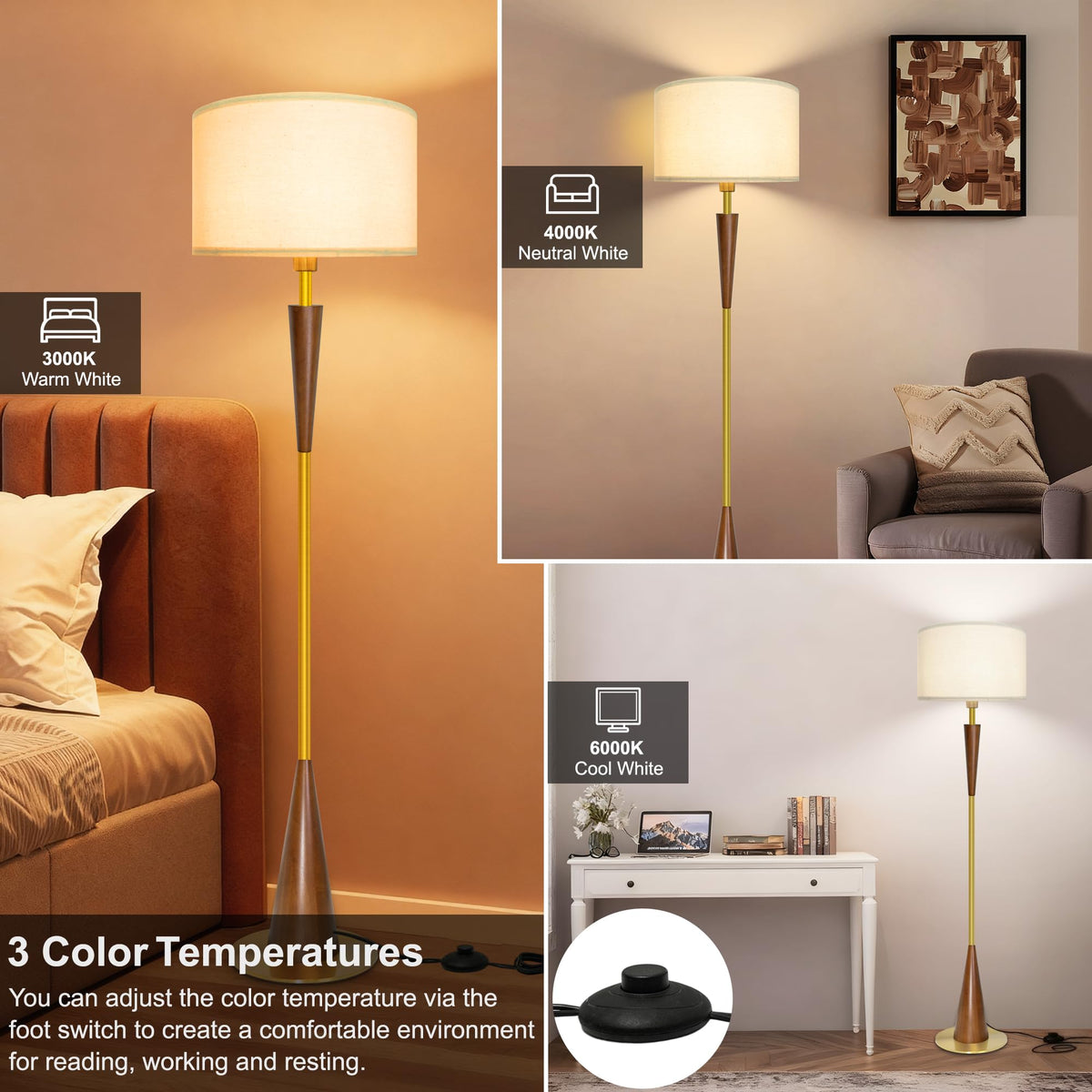 Floor Lamps for Living Room,61.5" Wood Floor Lamp,Retro Farmhouse Standing Lamp Includes 9W Bulb with 3-Color Temperature,Tall Lamp for Bedroom,Dining Room,Living Room,Corner,Bronze