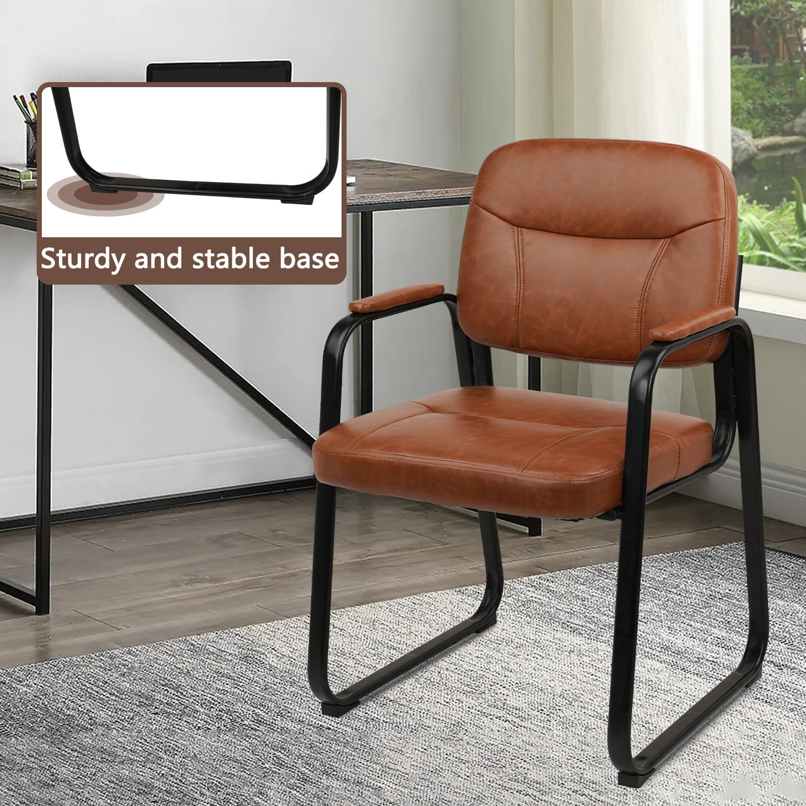 Waiting Room Guest Chair with Bonded Leather Padded Arm Rest for Office Reception and Conference Desk Black with Sled Base Brown 1 Pack