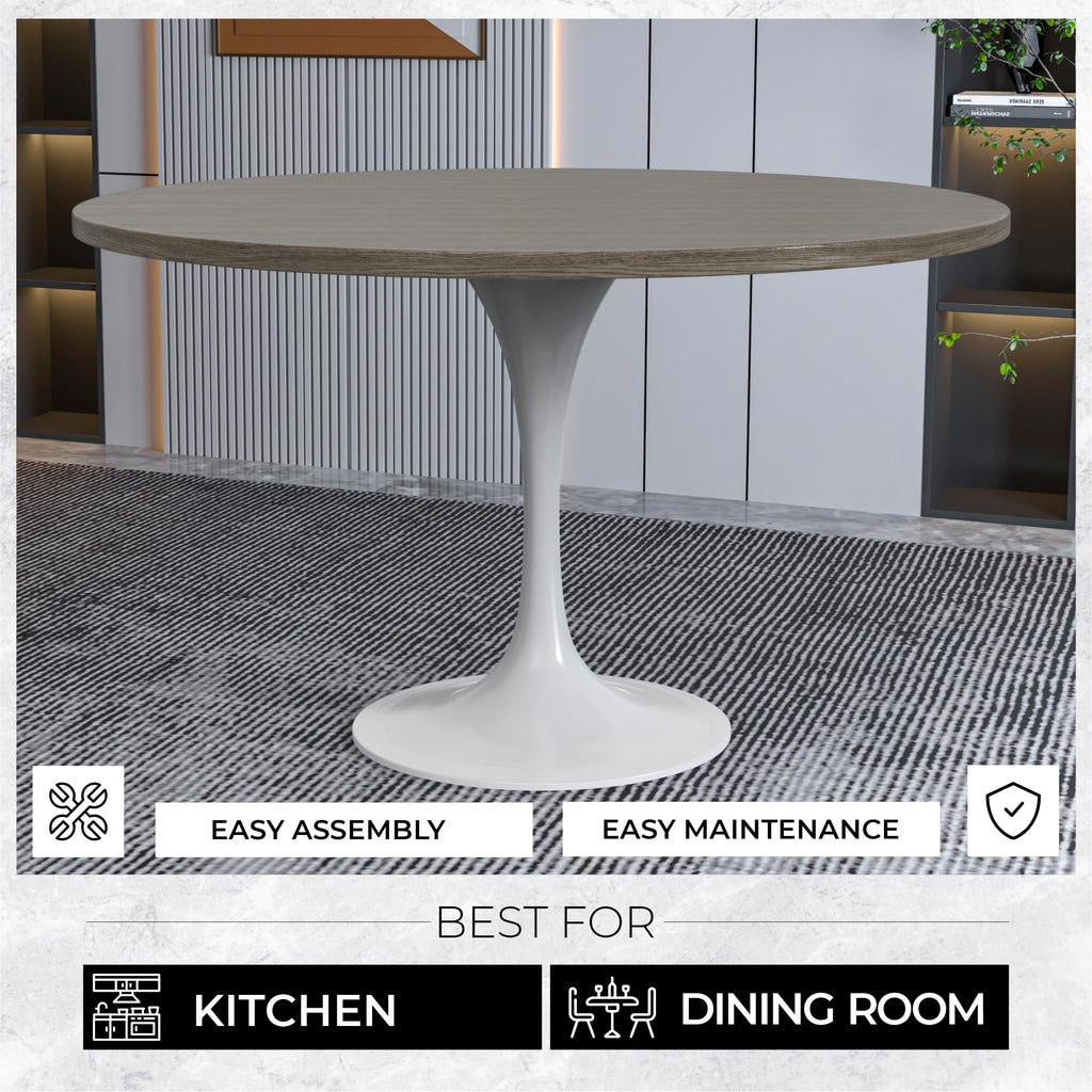 Verve Mid-Century Modern 48 Inch Round Dining Table, MDF Wood Tabletop with White Steel Pedestal Base, Large Pedestal Kitchen & Dining Room Table, Breakfast Nook Table (Dark Maple)