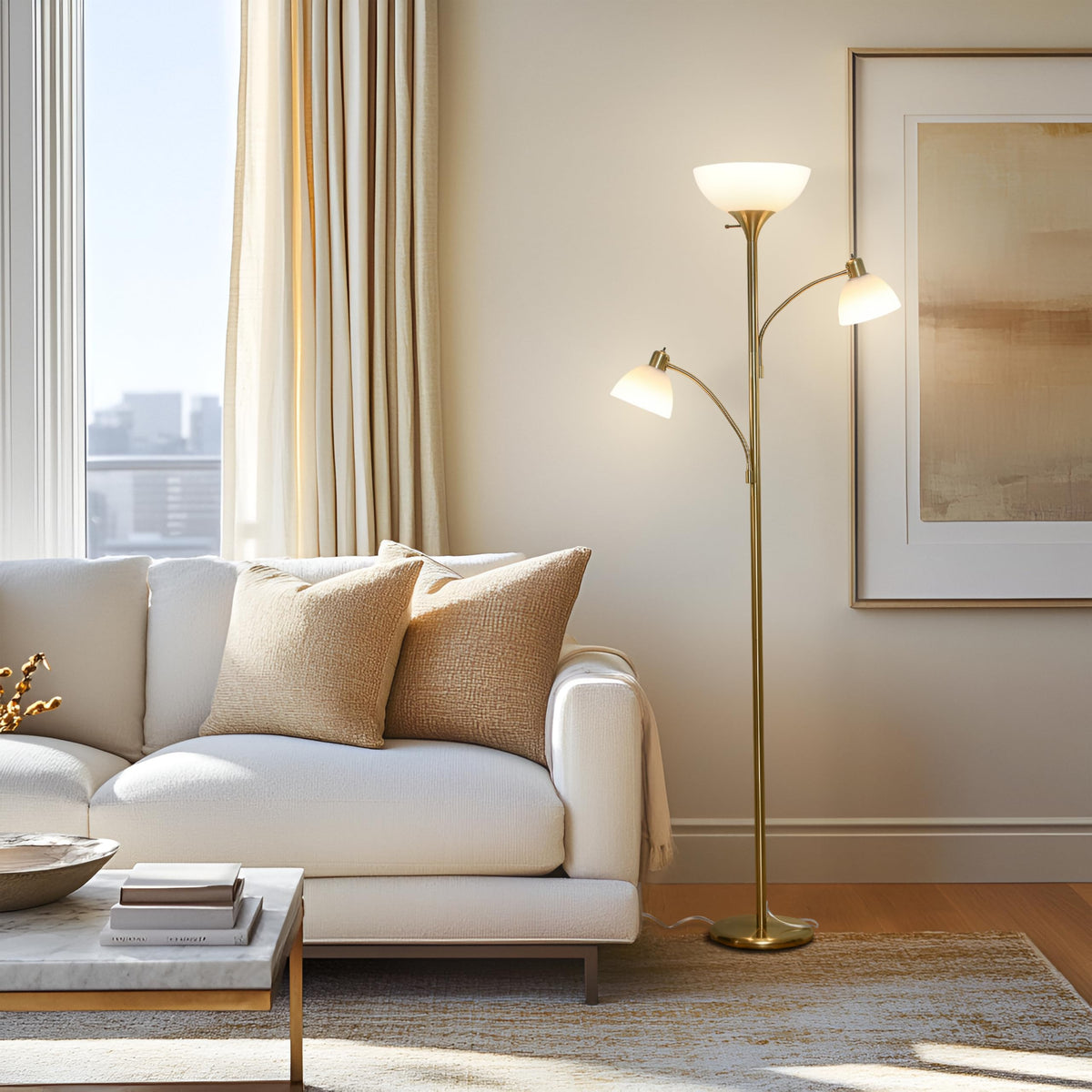 Sky Dome Double LED Floor lamp, Torchiere Super Bright Floor Lamp with 2 Reading Lamps for Living Rooms & Offices - Dimmable Tall Standing Lamp for Bedroom Reading - Tall Brass Pole