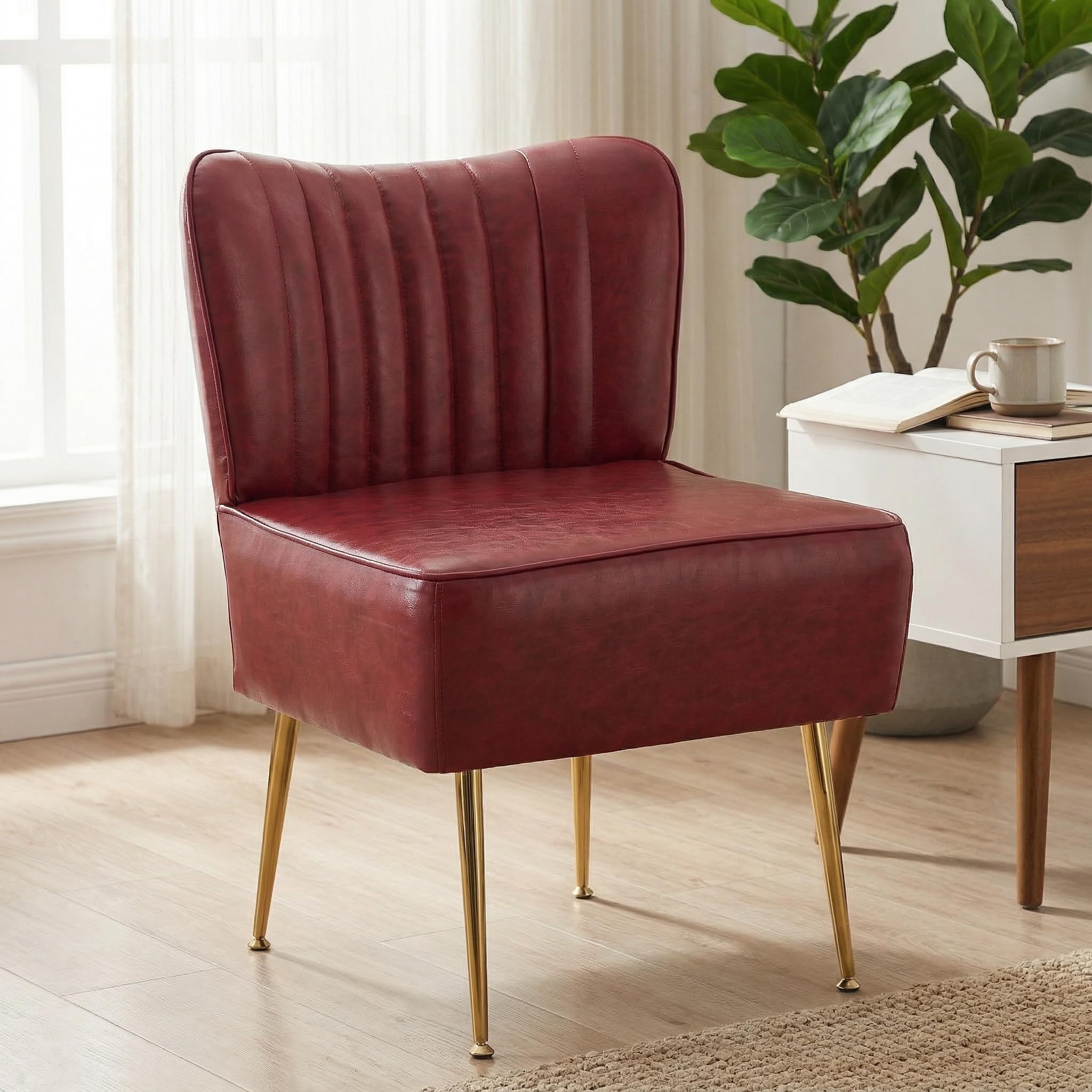 Modern Leather Accent Chair Single 1 Pack, Vintage Slipper Chair with Heavy Duty Iron Frame & Gold Legs, Mid Century Side Sofa Chair for Living Room Office（Wine Red）