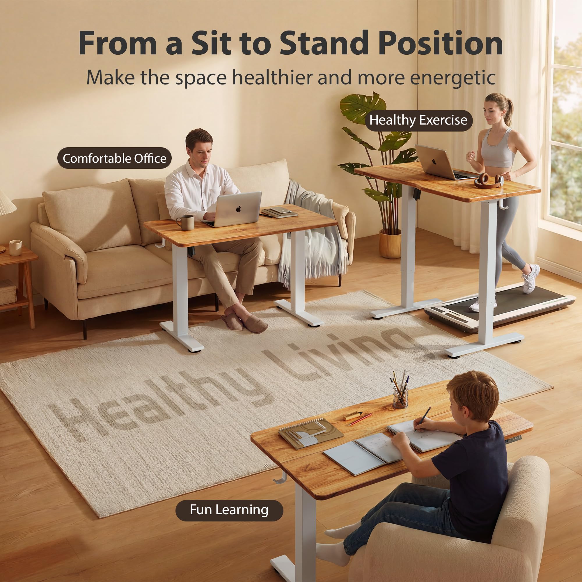 Standing Desk, 55x24 Inches Sit Stand Home Office Desk, Electric Stand up Desk, Adjustable Desk with Splice Board, White Frame/Light Rustic Top