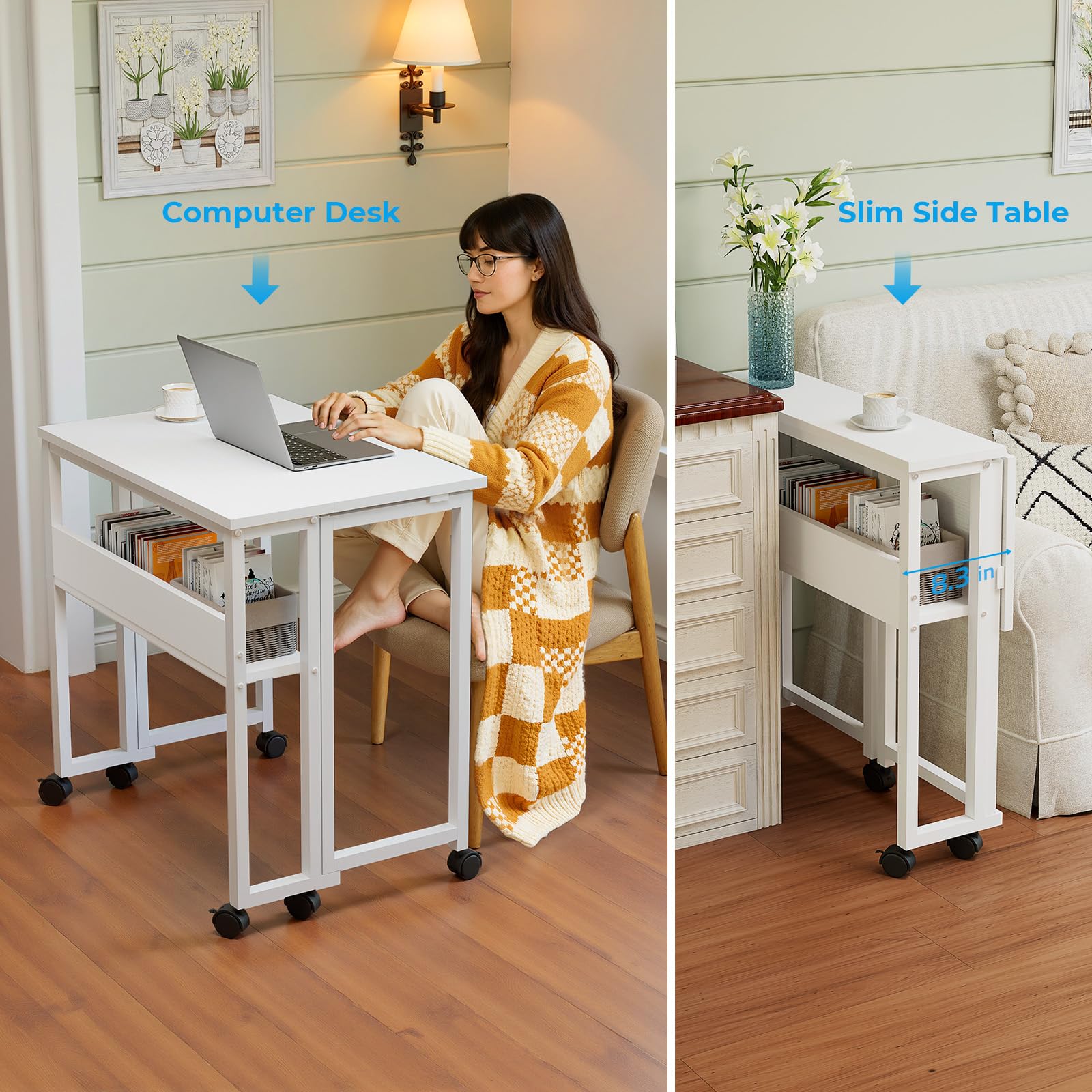 Folding Desk with Wheels, 31.5 Inch Compact Rolling Computer Table with Storage Shelf, Portable Mobile Workstation for Small Spaces, Easy Assembly, Pure White