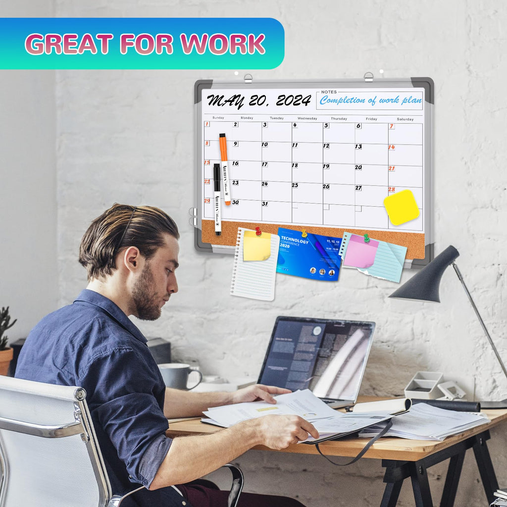 Monthly Calendar Whiteboard for Wall, 24x18 Inches Dry Erase Board with Cork Board Combo, Magnetic White Board, Double-Sided Hanging Portable Board for Office School Home Kitchen Planner Memo
