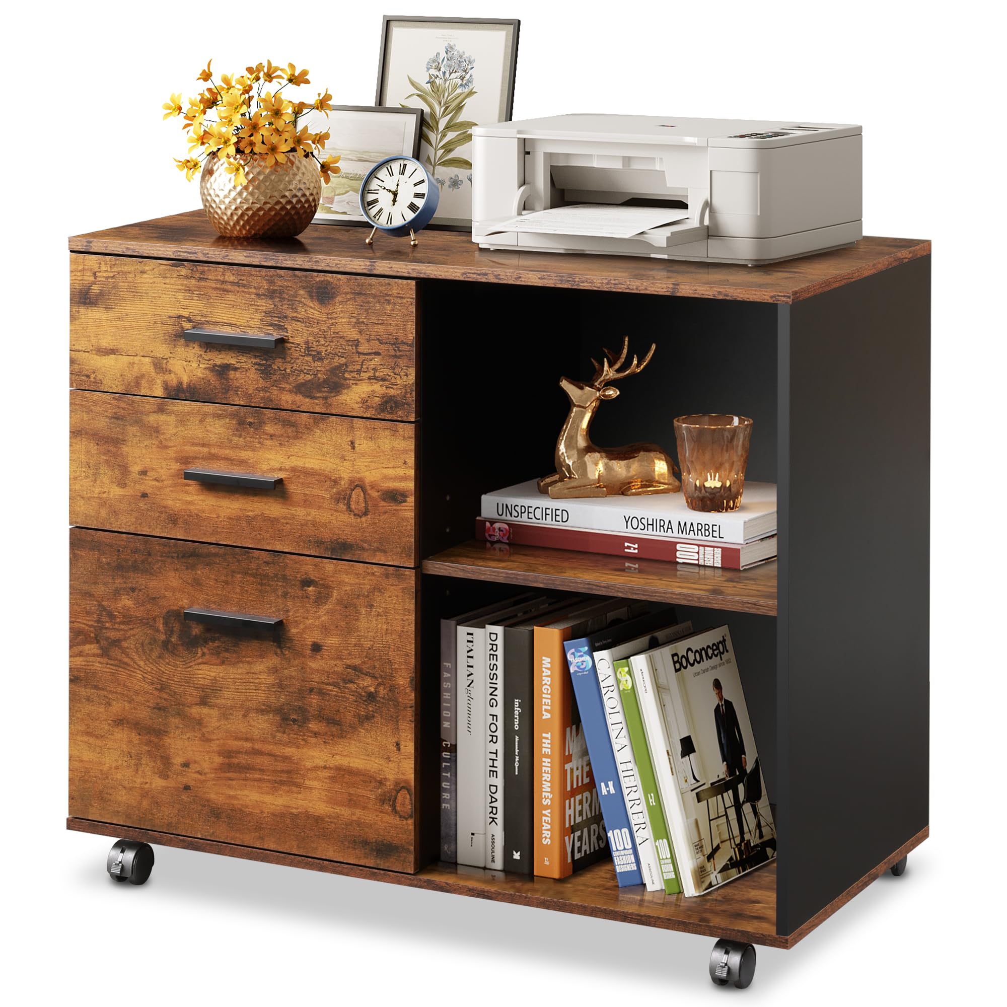 3-Drawer Mobile File Cabinet, Lateral Filing Cabinet, Rustic Brown