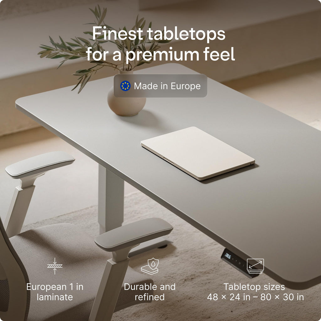Standing Desk 48x24 — Made in Europe, Ergonomic Sit Stand Home Office Desk, Electric Height Adjustable, Dual Motor, USB & USB-C Charging, Wobble-Free, Touchscreen, 3 Memory Presets