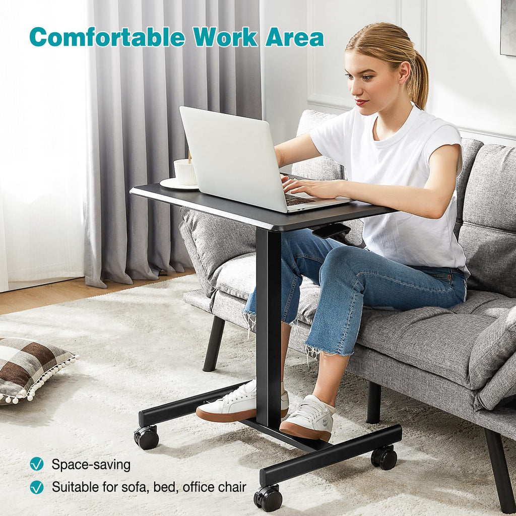 Small Rolling Desk Mobile Standing Portable Laptop PC Table with Wheels, Adjustable Height Computer Workstation for Bedroom Study Use, Space Saving Home Office Desk, Modern Black