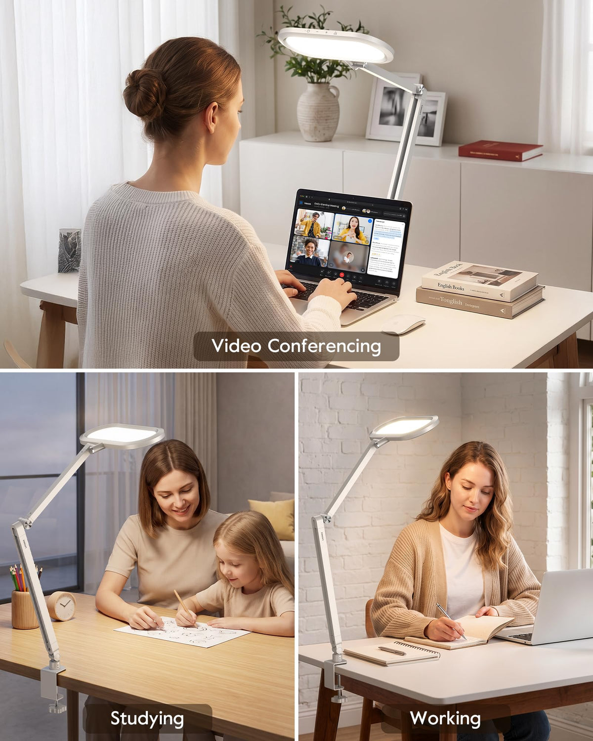 Desk Lamp for Home Office with Clamp for Video Conference, 50 Lighting Modes, Double-Sided Desk Light with Stepless Dimmable Knob Remote, Adjustable Arm Light for Video Recording, Zoom Call