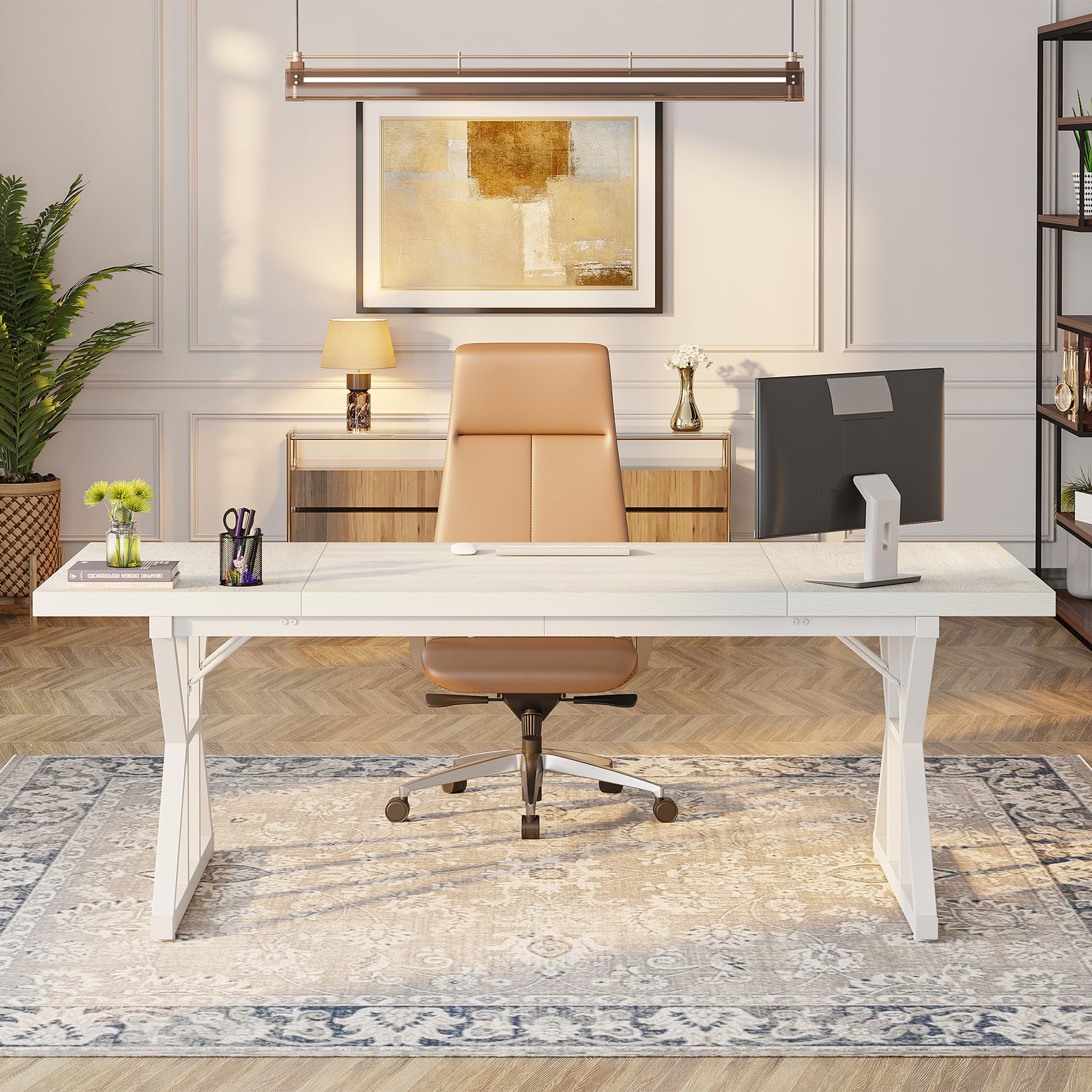 70.8-Inch Executive Desk, Large Computer Office Desk Workstation, Modern Simple Style Laptop Desk Study Writing Table Business Furniture for Home Office (White, 70.8 Inch)