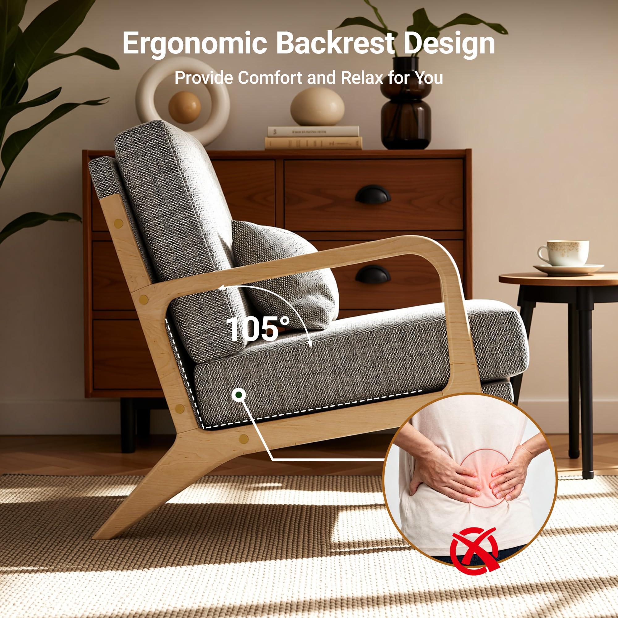Mid-Century Modern Accent Chair, Armchair with Solid Wood Frame & Lumbar Pillow, Comfy Upholstered Lounge Chair for Office, Bedroom, Linen-Like Fabric, Dark Gray