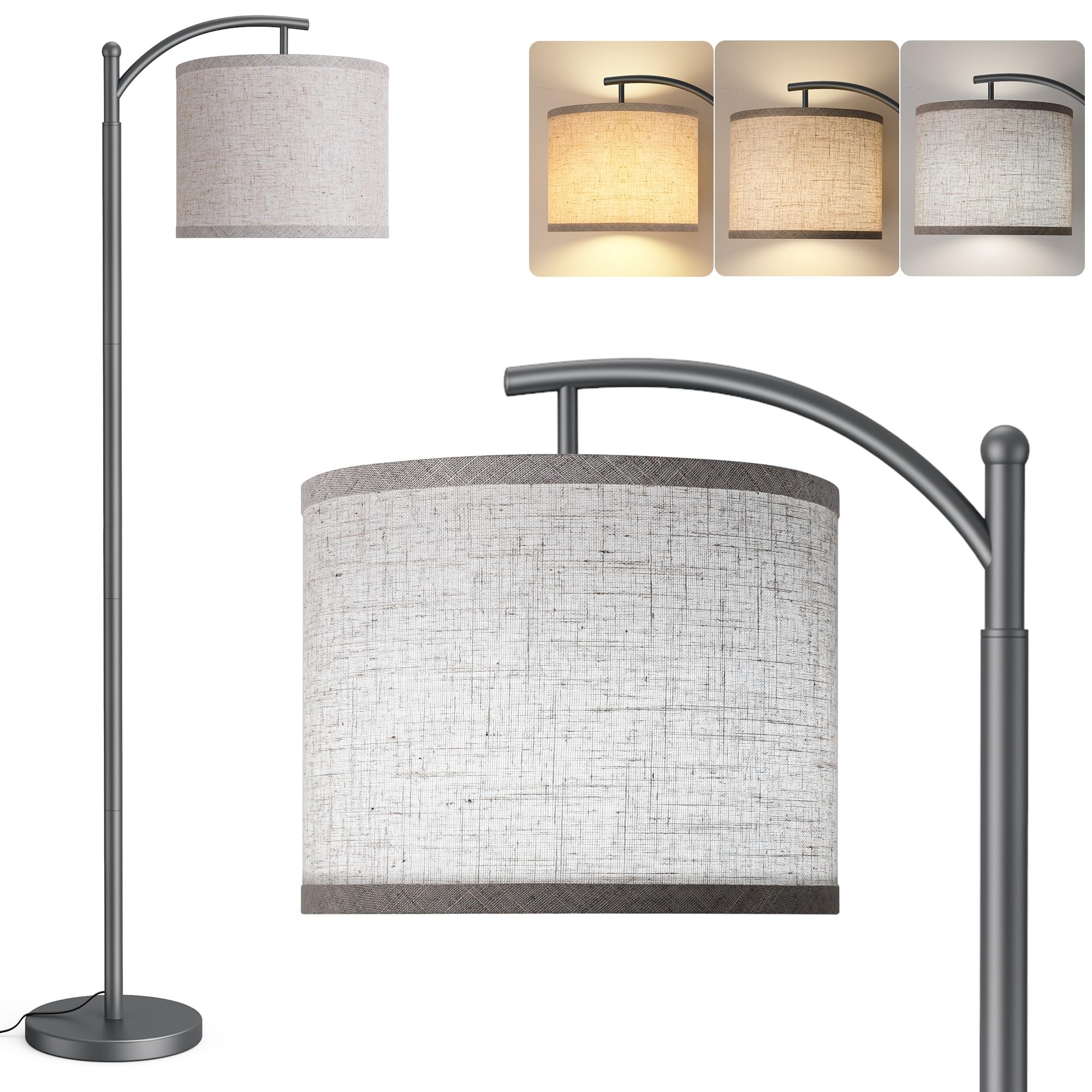 Floor Lamp for Living Room with 3 Color Temperatures LED Bulb, Standing Lamp Tall Industrial Floor Lamp Reading for Bedroom, Office (9W LED Bulb, Beige Lampshade Included) -Grey
