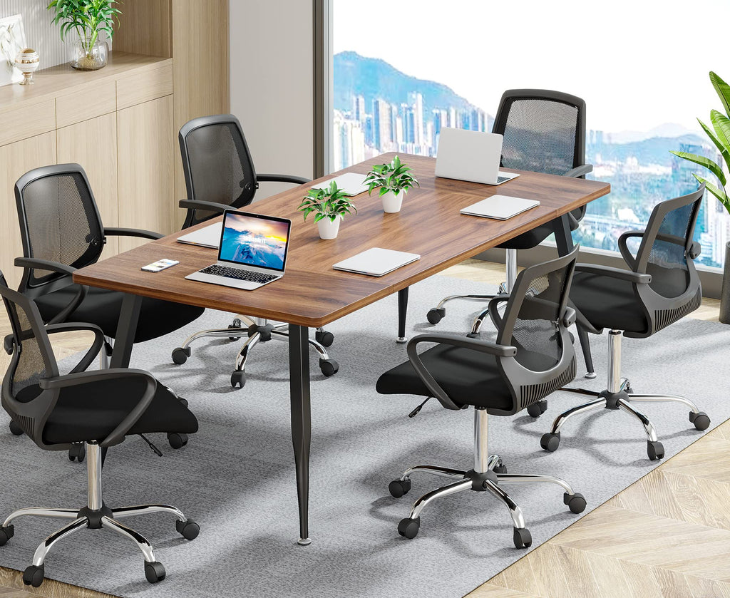 6FT Conference Table, Rectangular Meeting Room Tables, Modern Industrial Seminar Table Boardroom Desk with Metal Legs for Office, 70.8’’ L x 31.5’’ W x 29.5’’ H (Brown and Black)