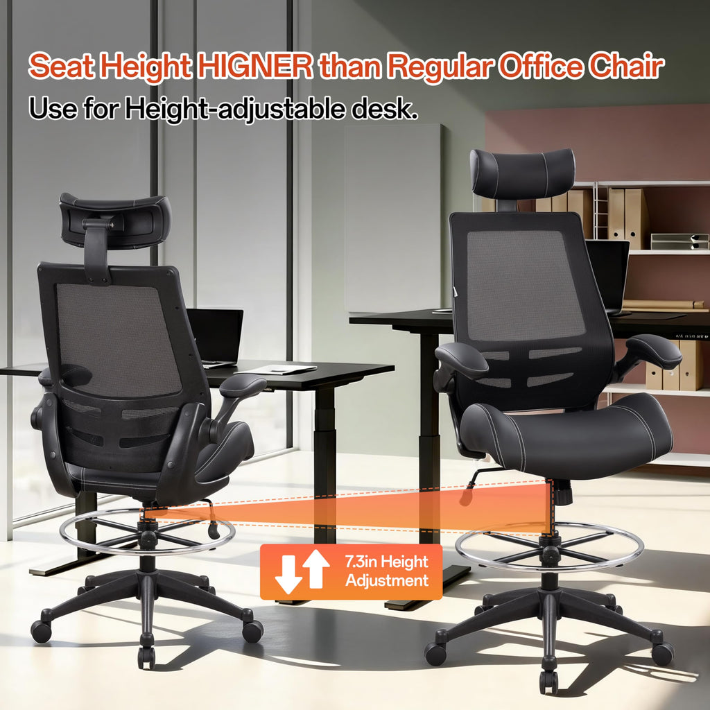 Tall Ergonomic Office Chair, Sustainable Tech-Leather Drafting Chair with Adjustable Foot Ring, 90° Flip-Up Arms Space Saving Mesh Computer Desk Chair for Standing Desk Executive Work 8+ Hours
