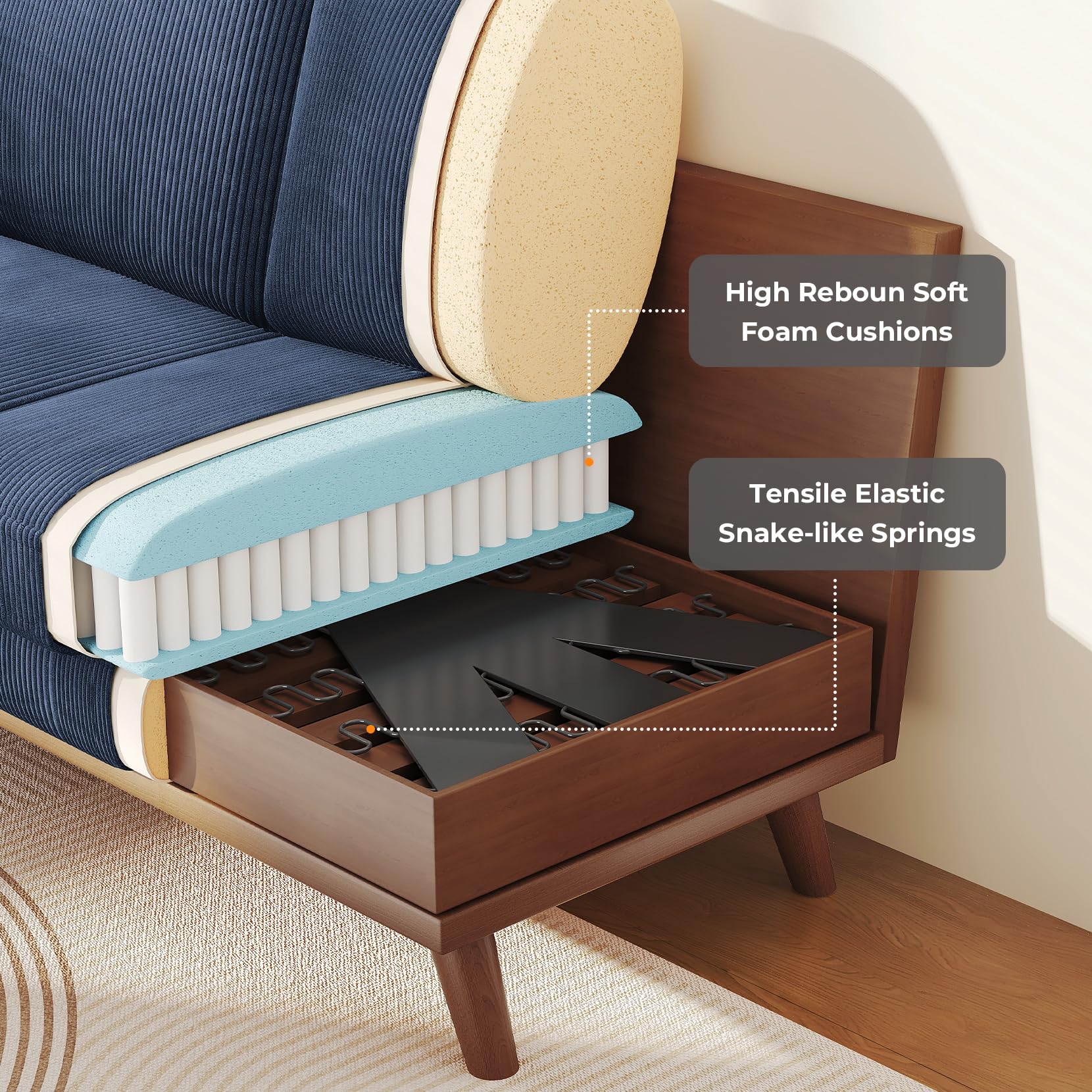 68" Loveseat Sofa Dark Blue, Comfy Corduroy Couch with Spring Cushion and Solid Wood, Modern Extra Deep Seat for Bedroom, Living Room, Office