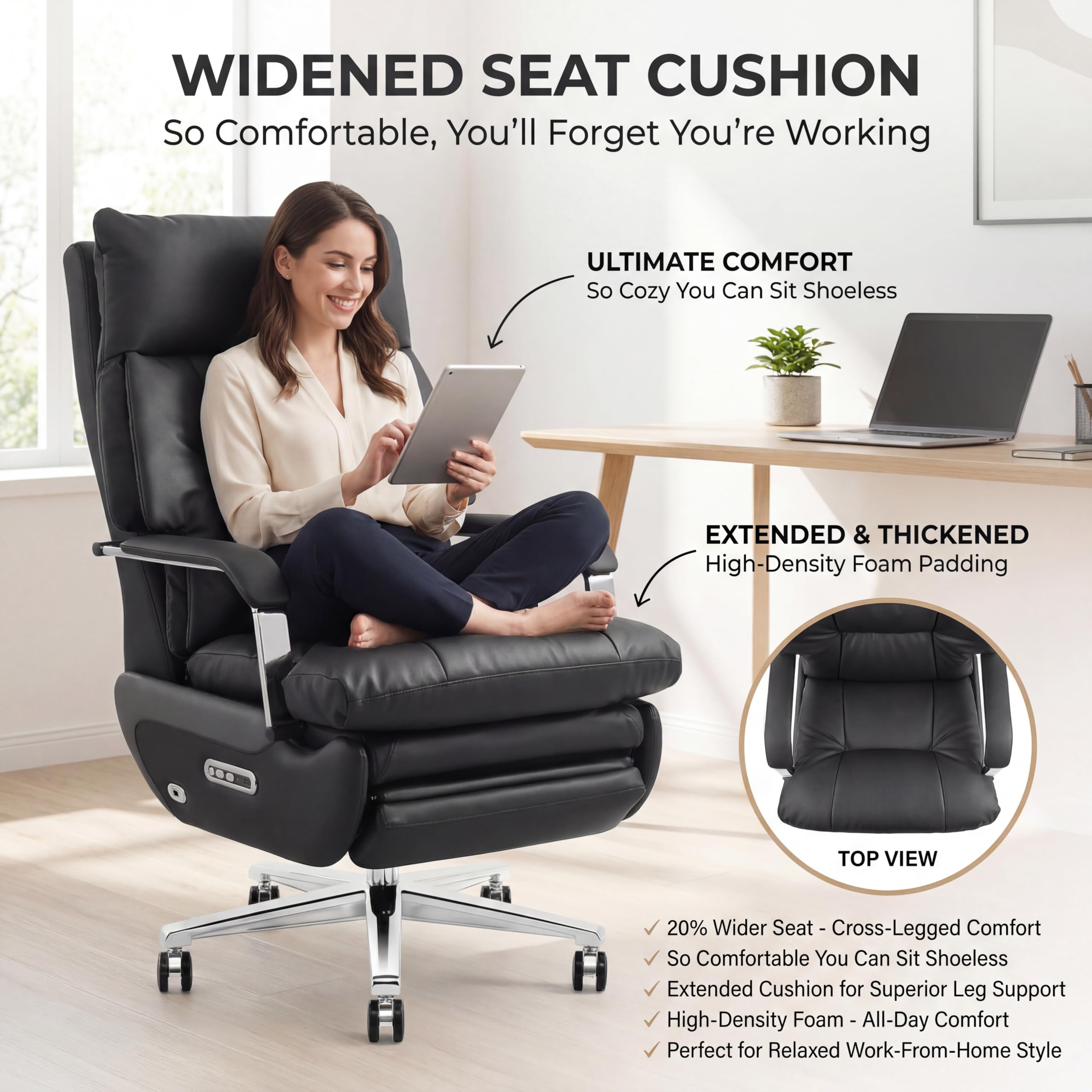 Dual Motor Executive Office Chair with Footrest, One-Touch Reset, 170° Reclining Wide Seat Ergonomic Leather Desk Chair, 450LBS Big and Tall for Home&Office (Black)