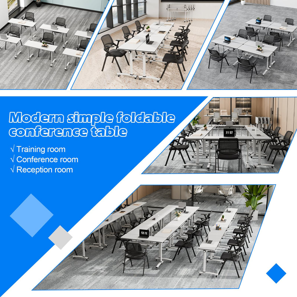 Conference Room Tables White,Folding Rectangular Flip Top Conference Table with Wheels for Large Meeting Seminar Home Office Classr (8, Little White, 47.2 * 15.7in)