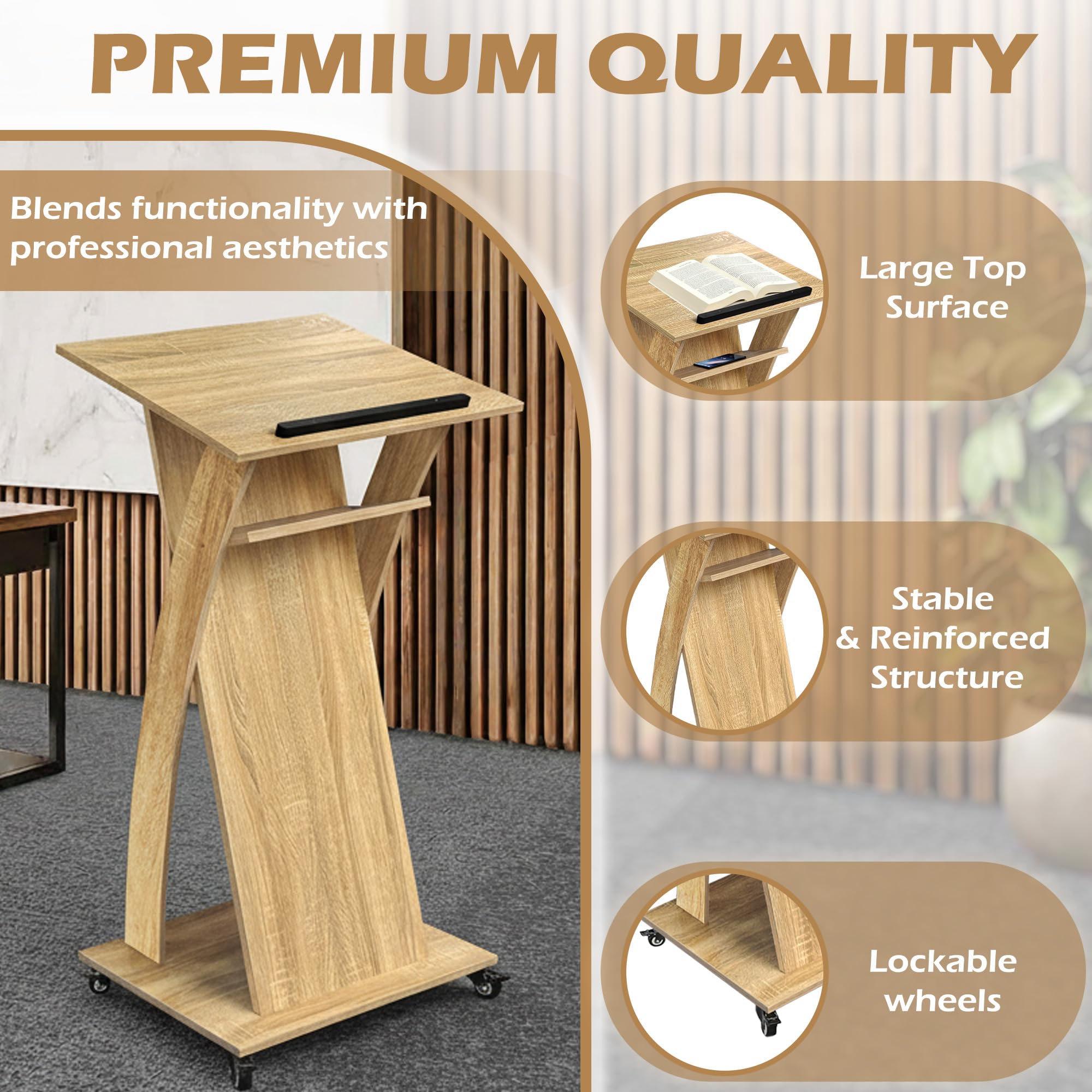 Wooden Podium Stand with Lockable Wheels, Mobile Lectern Pulpit with Storage Shelf for Church, Classroom, Office, and Conference Room