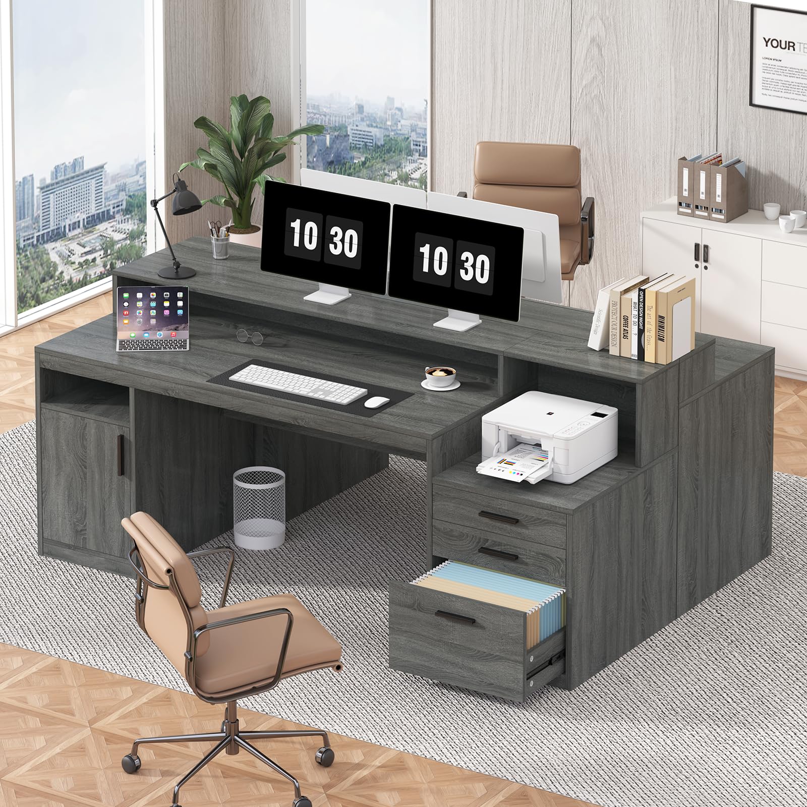 Computer Desk with 3 Drawers & Storage Shelves, 65 Inch Home Office Desk with File Drawer & Cabinet, Writing Study Desks with Monitor Stand & Printer Shelf, Dark Grey