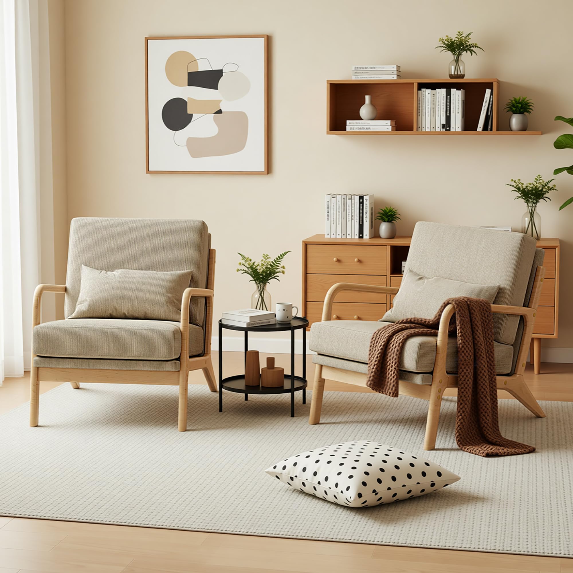 Mid-Century Modern Accent Chair, Armchair with Solid Wood Frame & Lumbar Pillow, Comfy Upholstered Lounge Chair for Office, Bedroom, Corduroy, Khaki