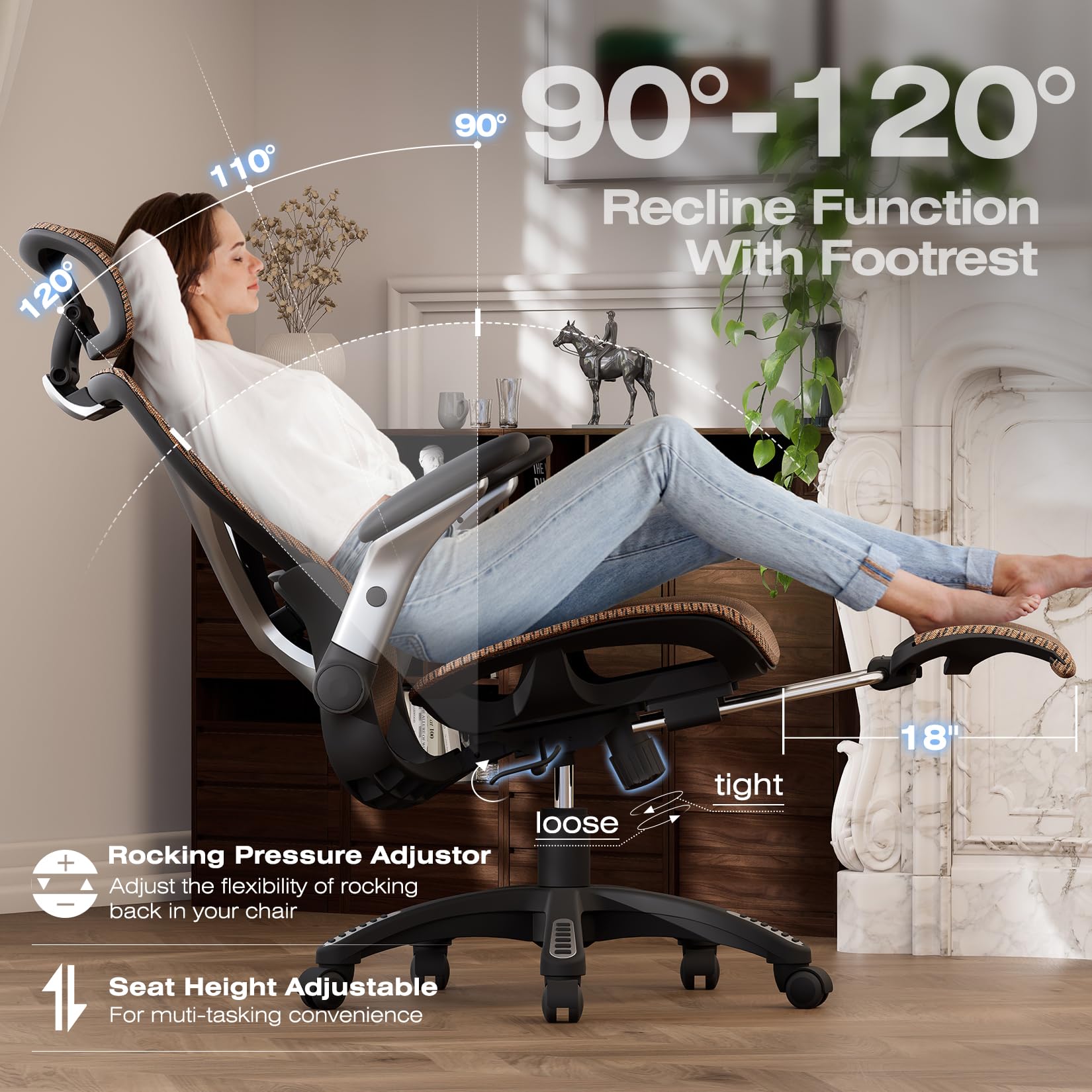 X100 Ergonomic Office Chair with Footrest, Big and Tall Home Desk Chair with 5D Flip-Up Arms, Adjustable 3D Lumbar Support,High Back Rolling Computer Chair, Swivel Mesh Chairs