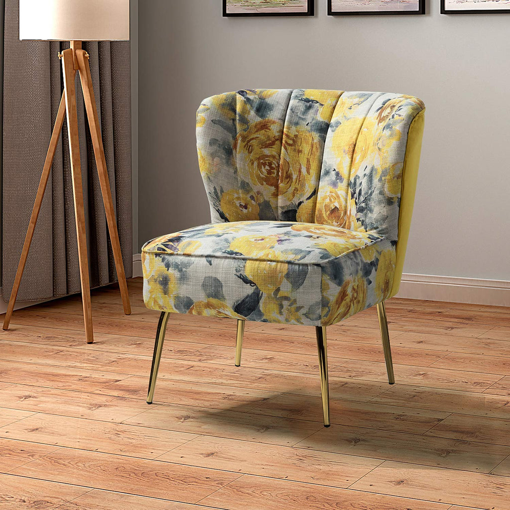 Accent Chair with Golden Legs, Comfy Tufted Wingback Living Room Chair Floral Fabric Small Armless Side Chair, Upholstered Slipper Chair for Bedroom, Reading Room (Flower Print, Yellow)