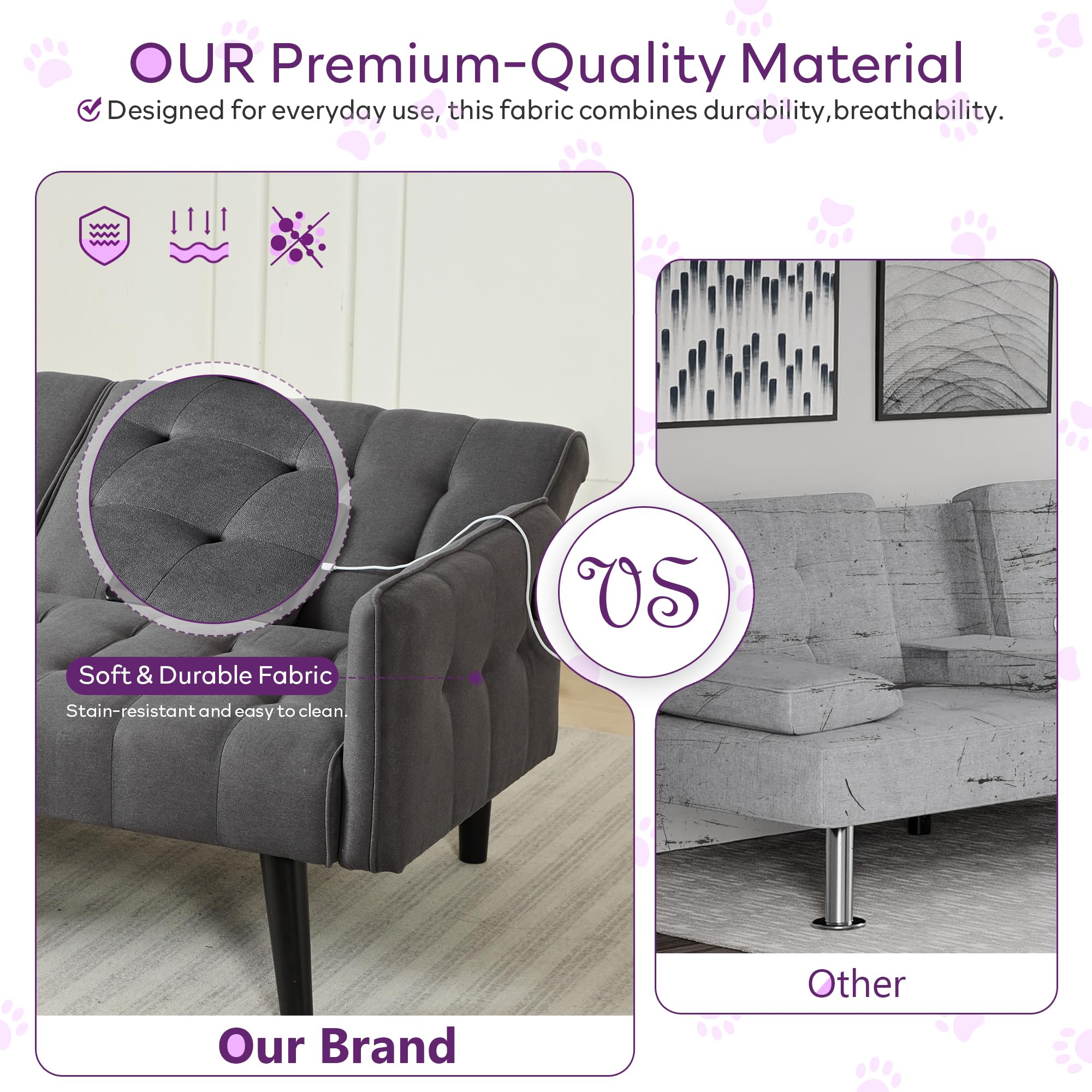65“ Convertible Futon Sofa Bed w/ 2 USB, Upholstered Tufted Small Adjustable Folding Couch Loveseat, Modern Mid Century Sleeper Sofa for Office, Living Room, Bedroom, Apartment (Dark Grey)