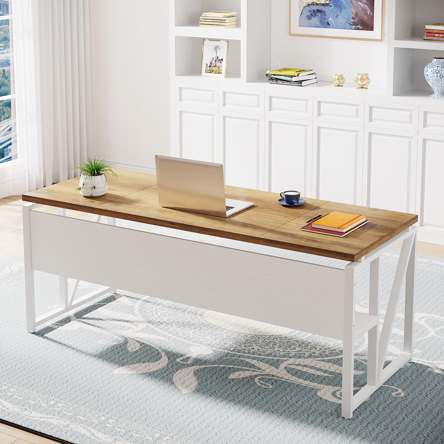 63" Executive Computer Desk and lateral File Cabinet, 2 Piece Home Office Furniture for Hanging File, Cabinet with Doors