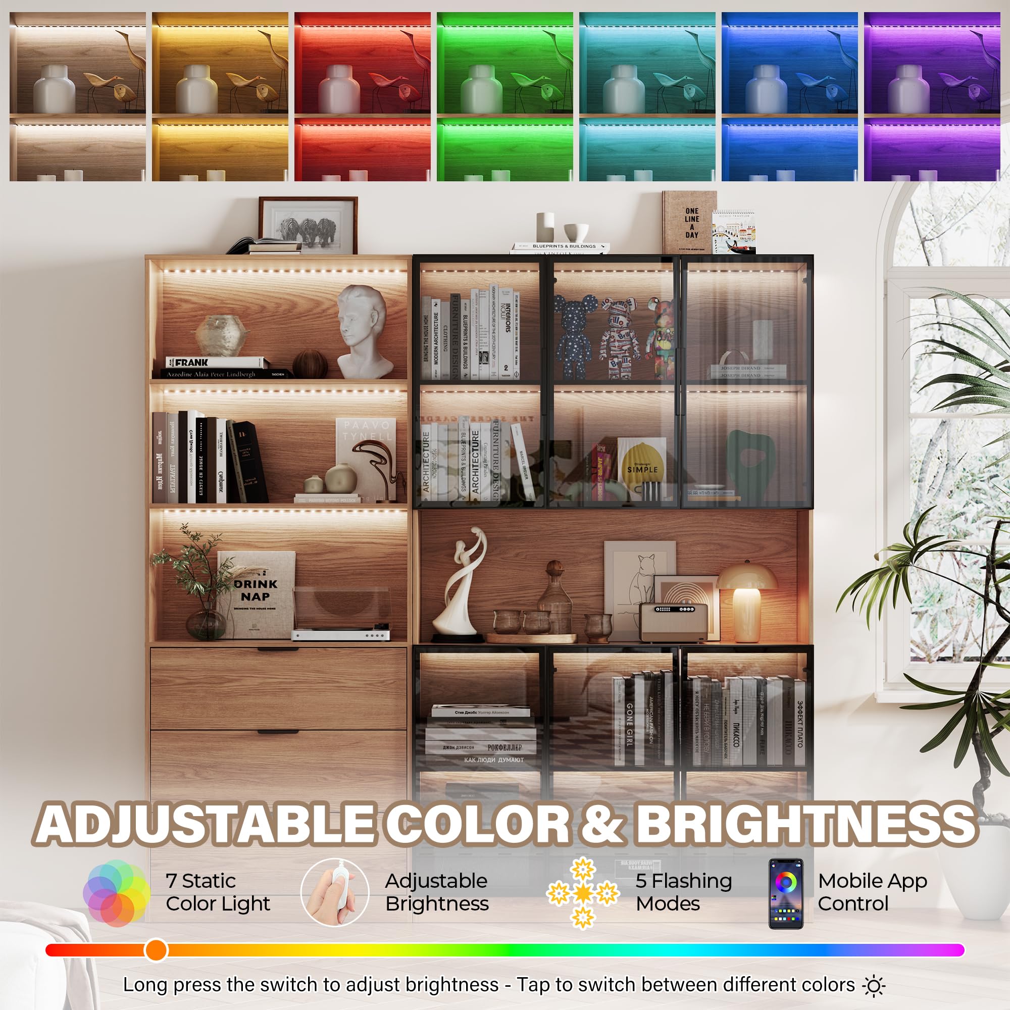78.7" H Tall Bookcase Storage Cabinet with LED Lights and Drawers, 5 Tier Wood Storage Shelves with Glass Doors, Expandable Bookshelf Display Cabinet for Living Room, Home Office (A+C)