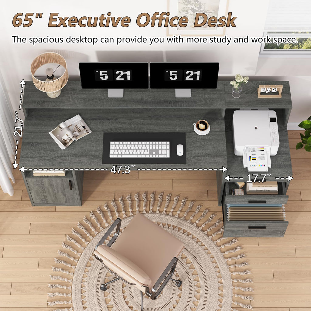 Computer Desk with 3 Drawers & Storage Shelves, 65 Inch Home Office Desk with File Drawer & Cabinet, Writing Study Desks with Monitor Stand & Printer Shelf, Dark Grey