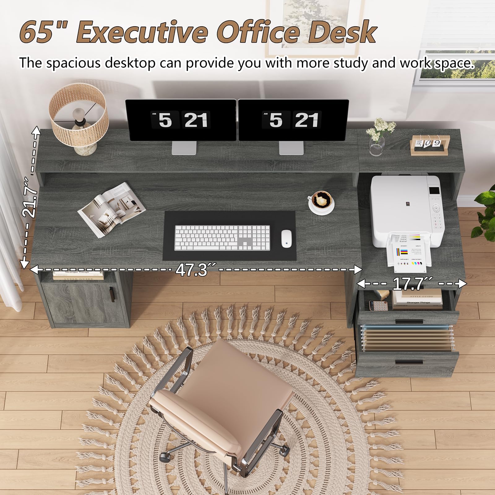 Computer Desk with 3 Drawers & Storage Shelves, 65 Inch Home Office Desk with File Drawer & Cabinet, Writing Study Desks with Monitor Stand & Printer Shelf, Dark Grey