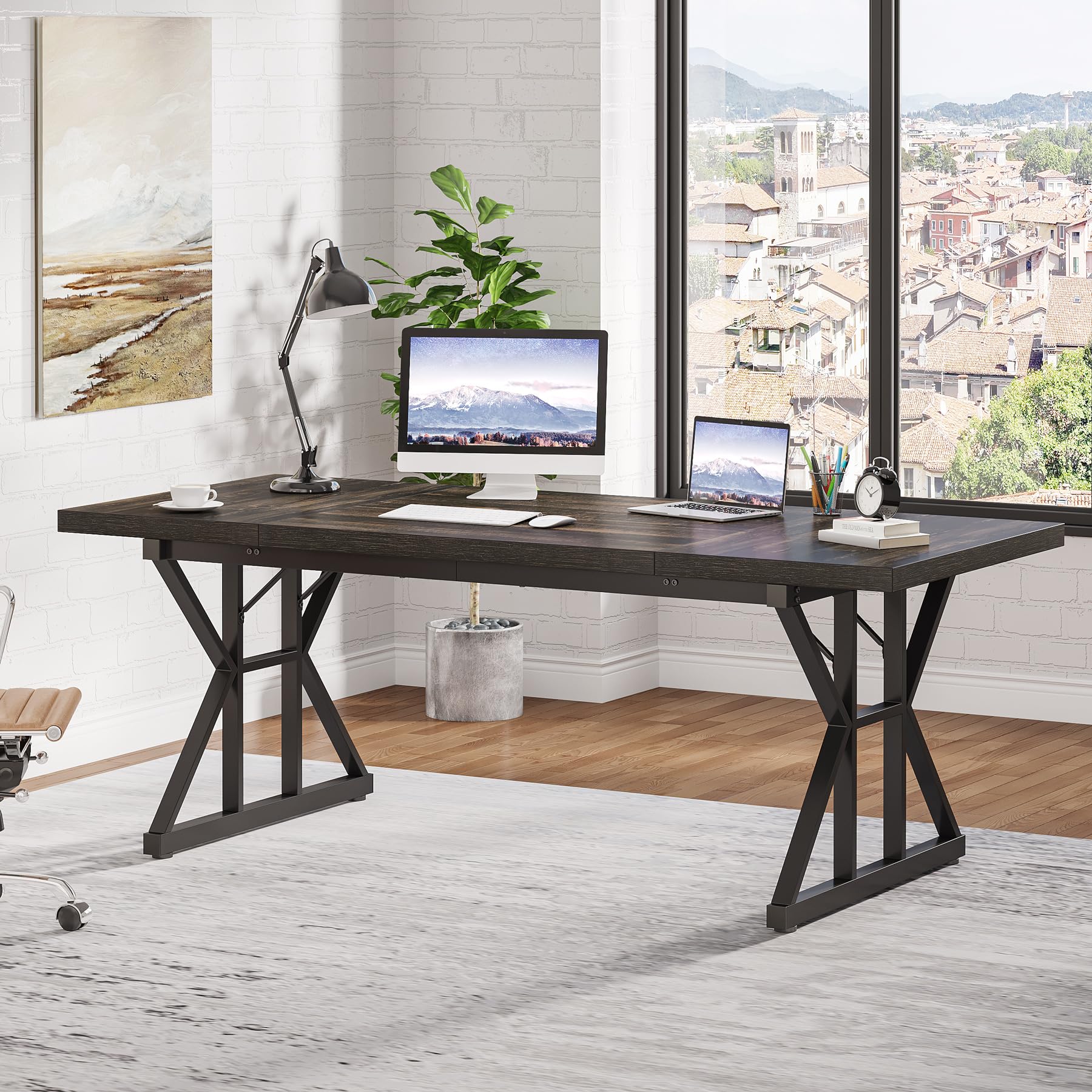 70.8-Inch Executive Desk, Large Computer Office Desk Workstation, Modern Simple Style Laptop Desk Study Writing Table Business Furniture for Home Office (Black Oak, 70.8 Inch)