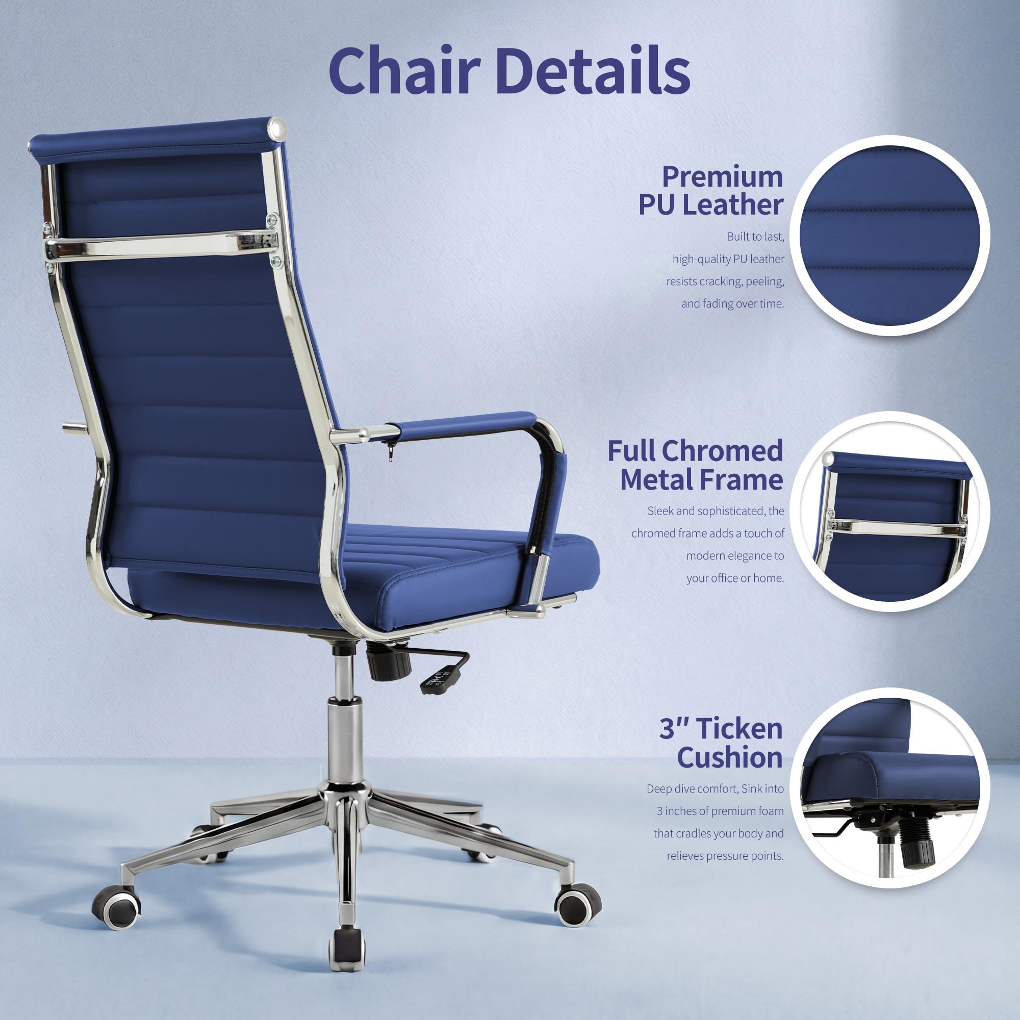 Navy Blue Office Desk Chair, Ergonomic Leather Modern Conference Room Chairs, Executive Ribbed Height Adjustable Swivel Rolling Chair for Home Office.