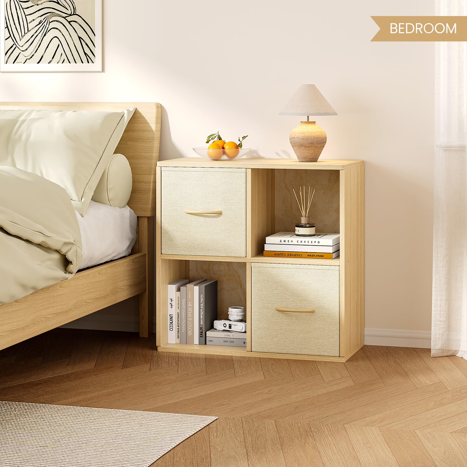 4 Cube Storage Organizer - Solid Wood Bookshelf with 2 Storage Bins, Cube Shelf with 2 Removable Back Panels, Vertical or Horizontal Bookcase, Open Book Shelf for Bedroom, Living Room, Office