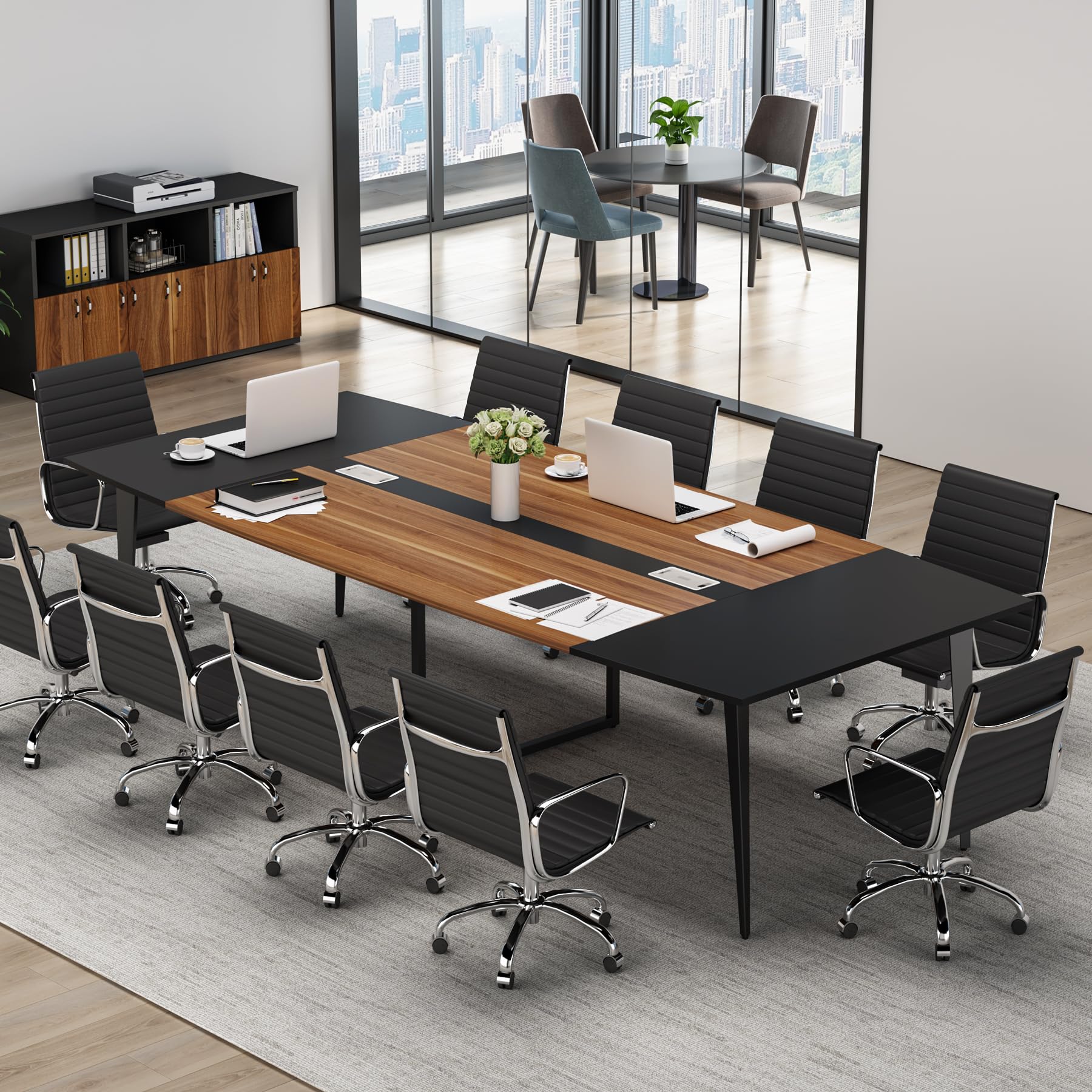 8FT Conference Table, 94.48L x 47.24W x 29.52H Inches Boat Shaped Meeting Table with Rectangle Grommet, Modern Seminar Boardroom Table for Office Conference Room (8ft, Walnut & Black)