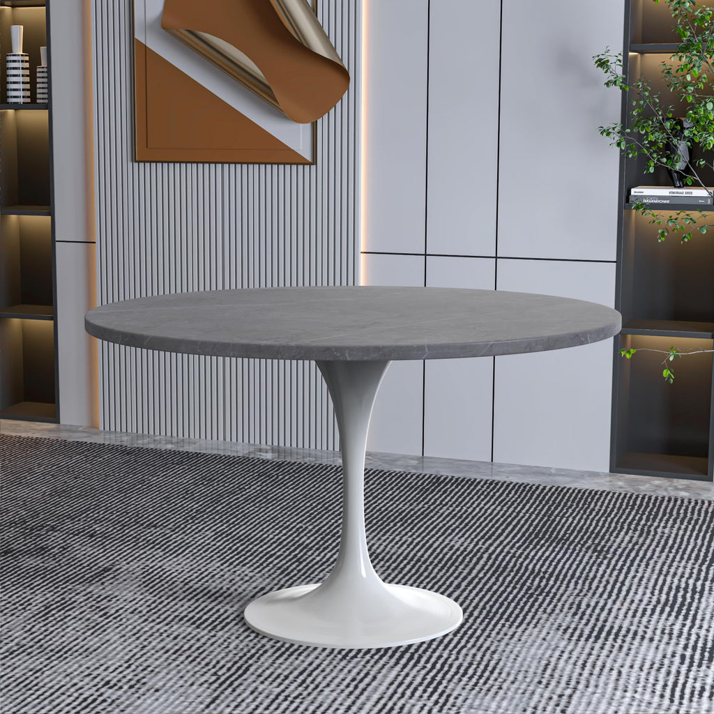 Verve Modern 48" Round Dining Table with Sintered Stone Tabletop in White Steel Pedestal Base for Kitchen and Dining Room (Grey)