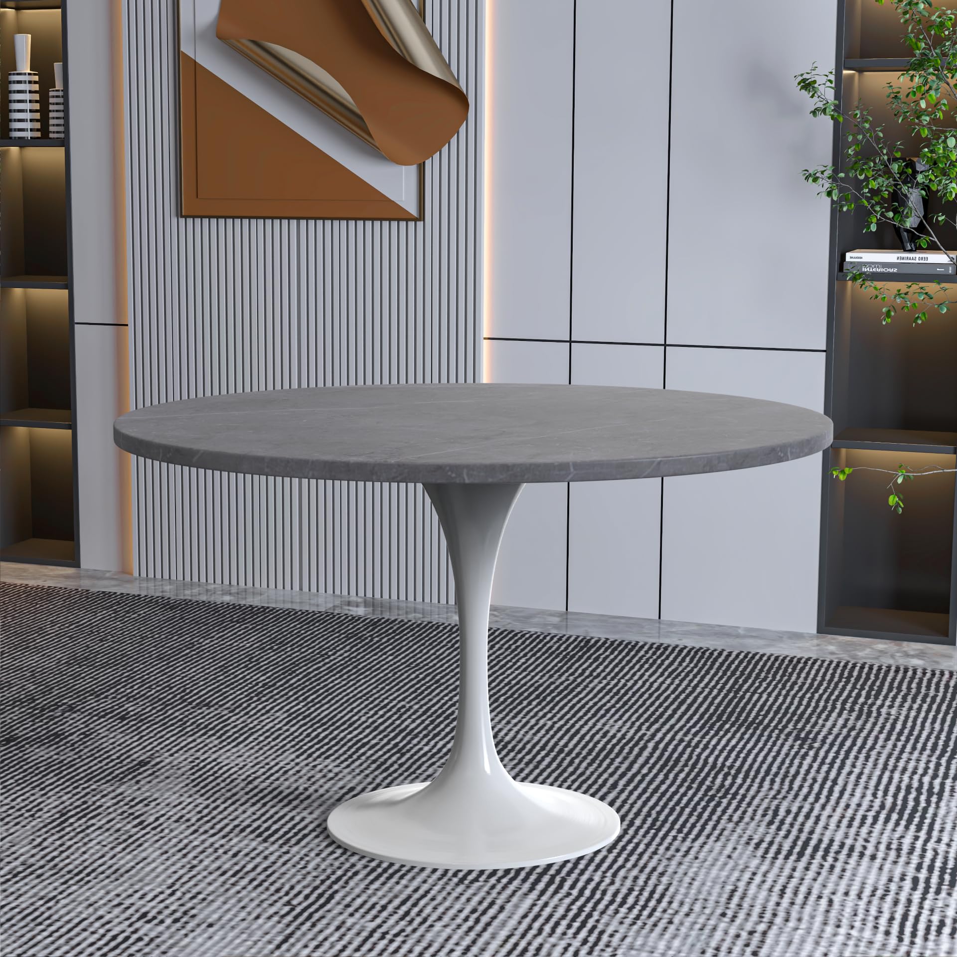 Verve Modern 48" Round Dining Table with Sintered Stone Tabletop in White Steel Pedestal Base for Kitchen and Dining Room (Grey)