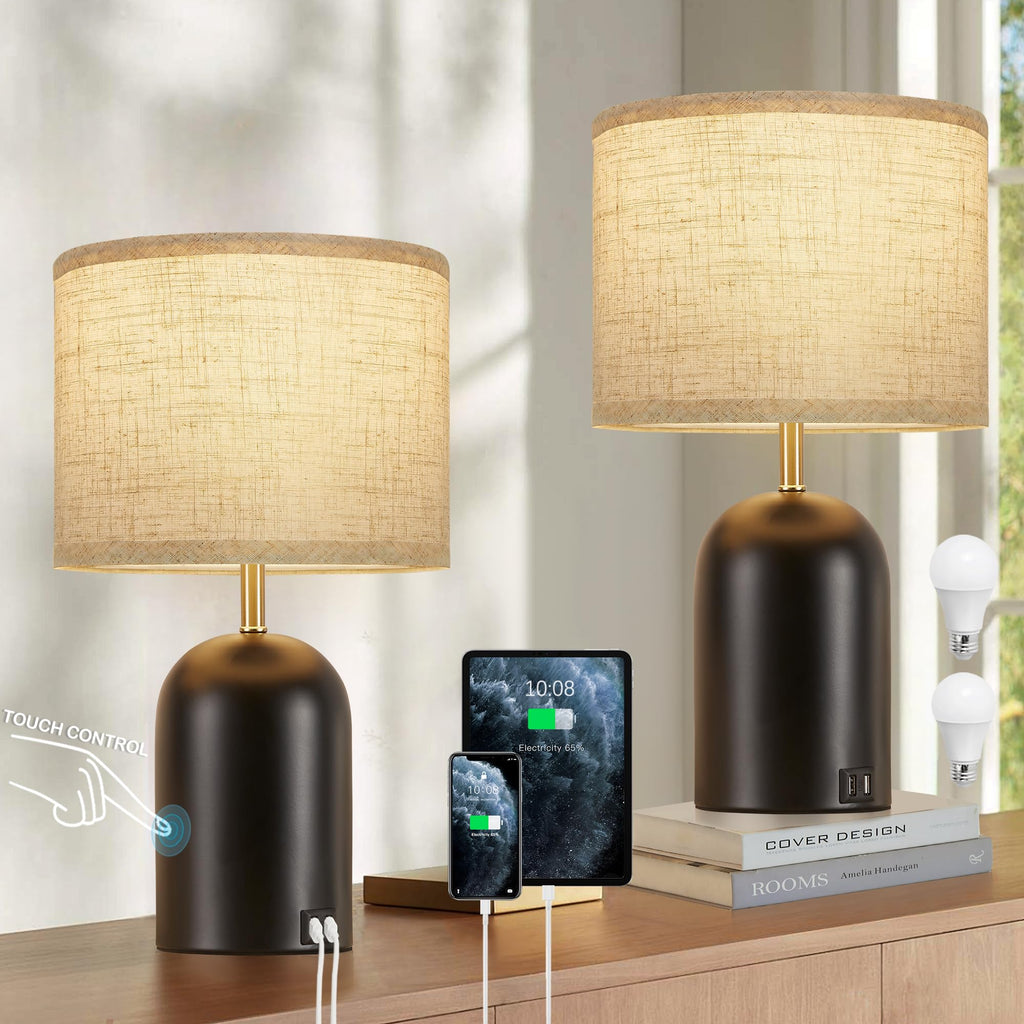 Touch Control Table Lamps Set of 2, Black Bedside Lamps for Bedroom