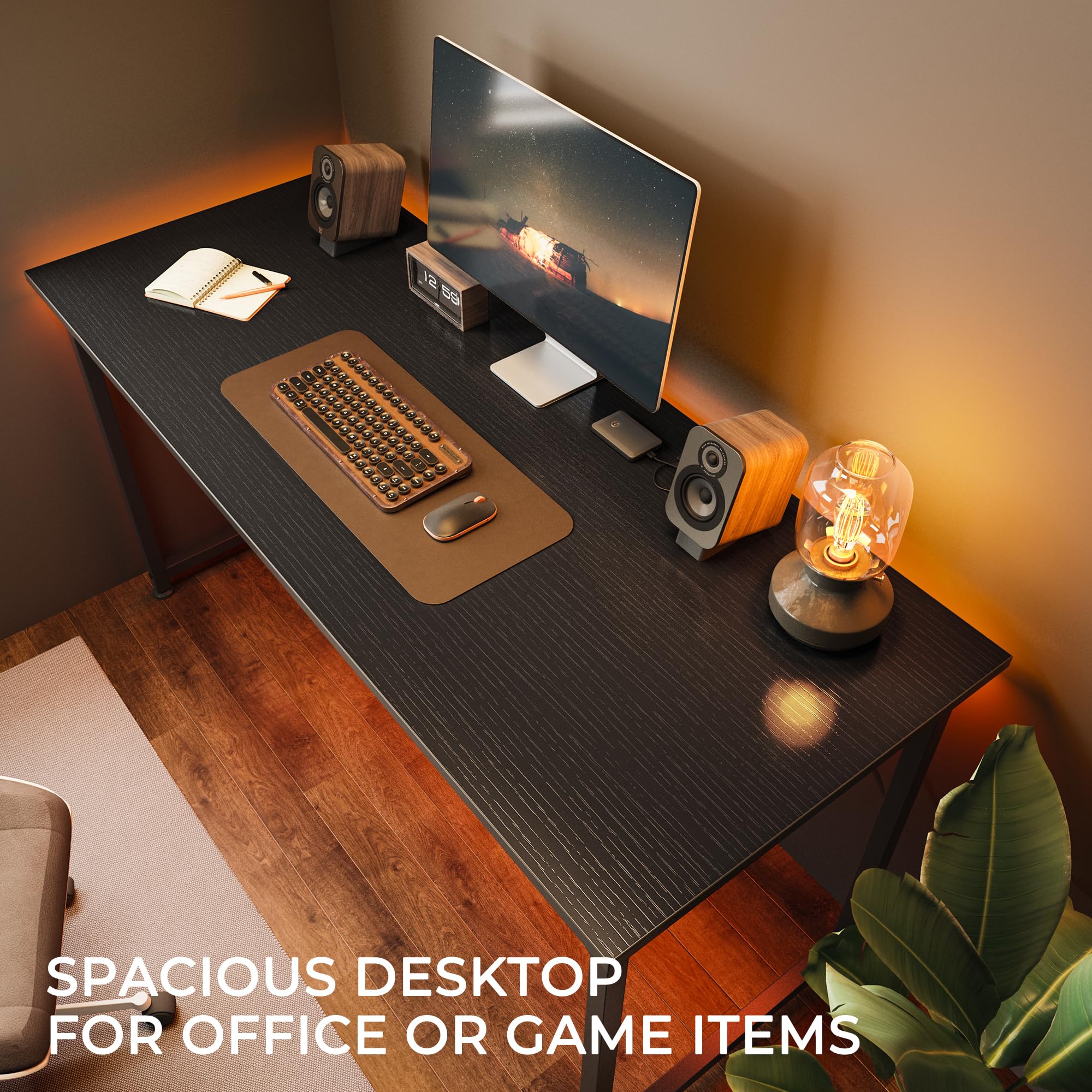 Computer Desk, 55 Inch Home Office Desk, Gaming Writing Work from Home Study Desk, Large Legroom, Sturdy Metal Frame, Modern Simple, Black