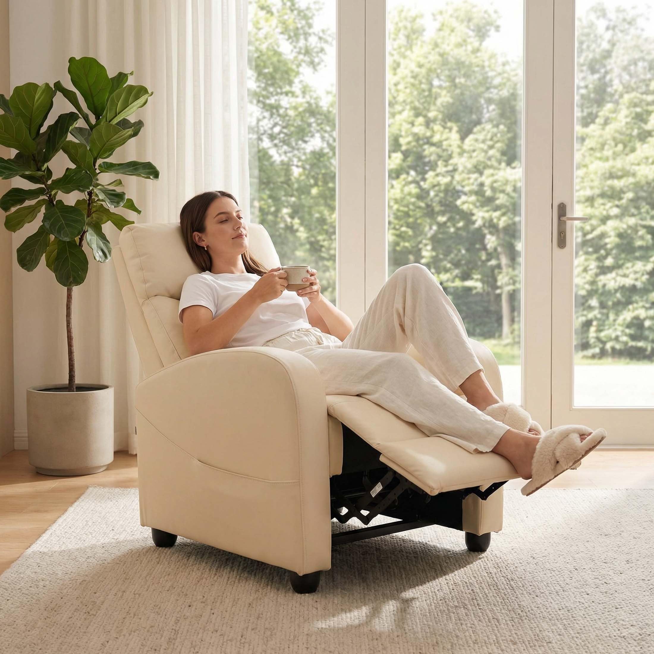 Recliner Chair Fabric Recliner Sofa No Massage, Home Theater Seating with Lumbar Support, Adjustable Push Back Overstuffed High-Density Sponge Reclining for Living Room, Beige