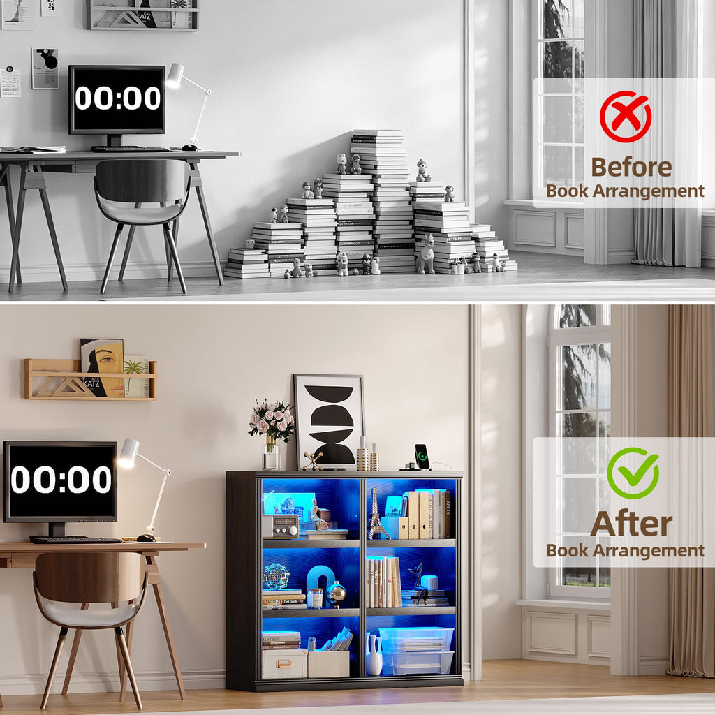 6-Cube LED Bookshelf with Motion Sensor and USB Type-C - Black