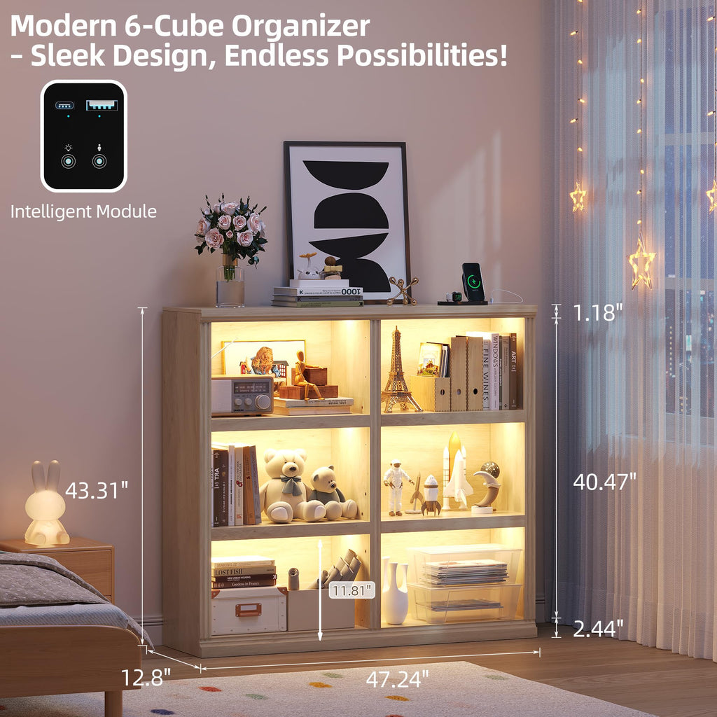 6-Cube LED Bookshelf with Motion Sensor and USB Type-C - Natural Wood